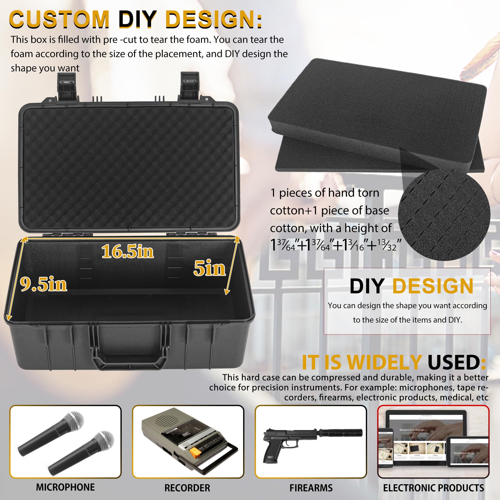 TORIBIO Funda rígida para micrófono, drones, cámara, equipos, estuche de almacenamiento portátil, caja dura de espuma precortada, caja de seguridad anticaídas para viajes, excursiones de mano, 17 x 10