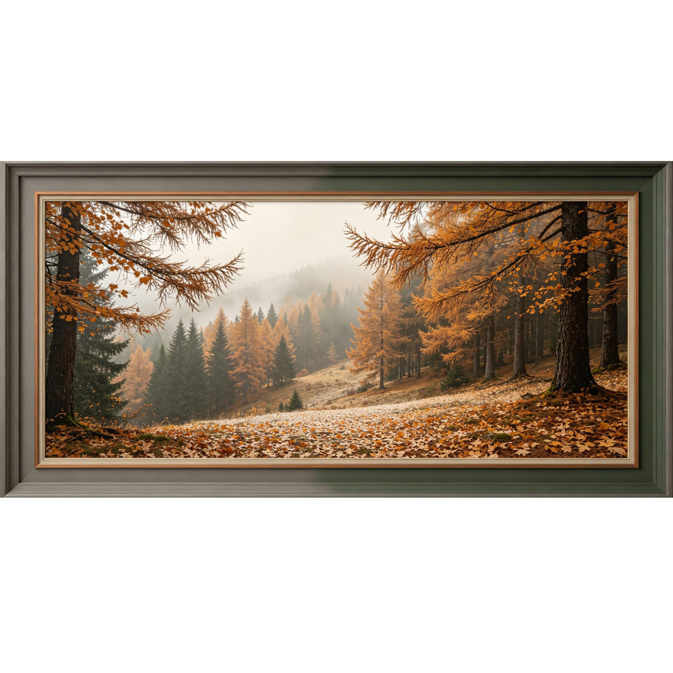 Agglomerix 3D Framed Wall Art Autumn Forest Landscape Misty Mountain Pine Tree Fallen Leaves Nature Scene Large Size SelfAdhesive Removable Wall Decor Prints Artwork for Living Room Bedroom Office