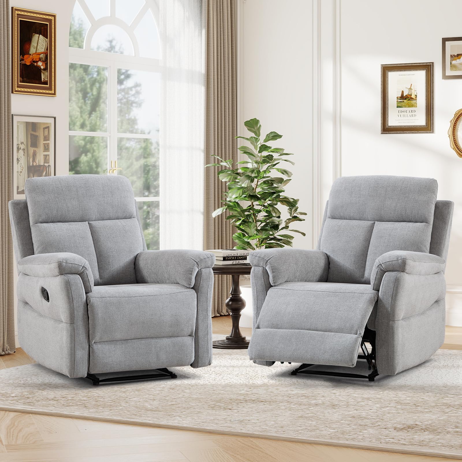 ANJ 2-Piece Manual Recliner Set, 2 Overstuffed Single Reclining Chairs with Padded Armrests and Supportive Backrest, Fabric Recliner Set for Living Room, Bedroom, Silver