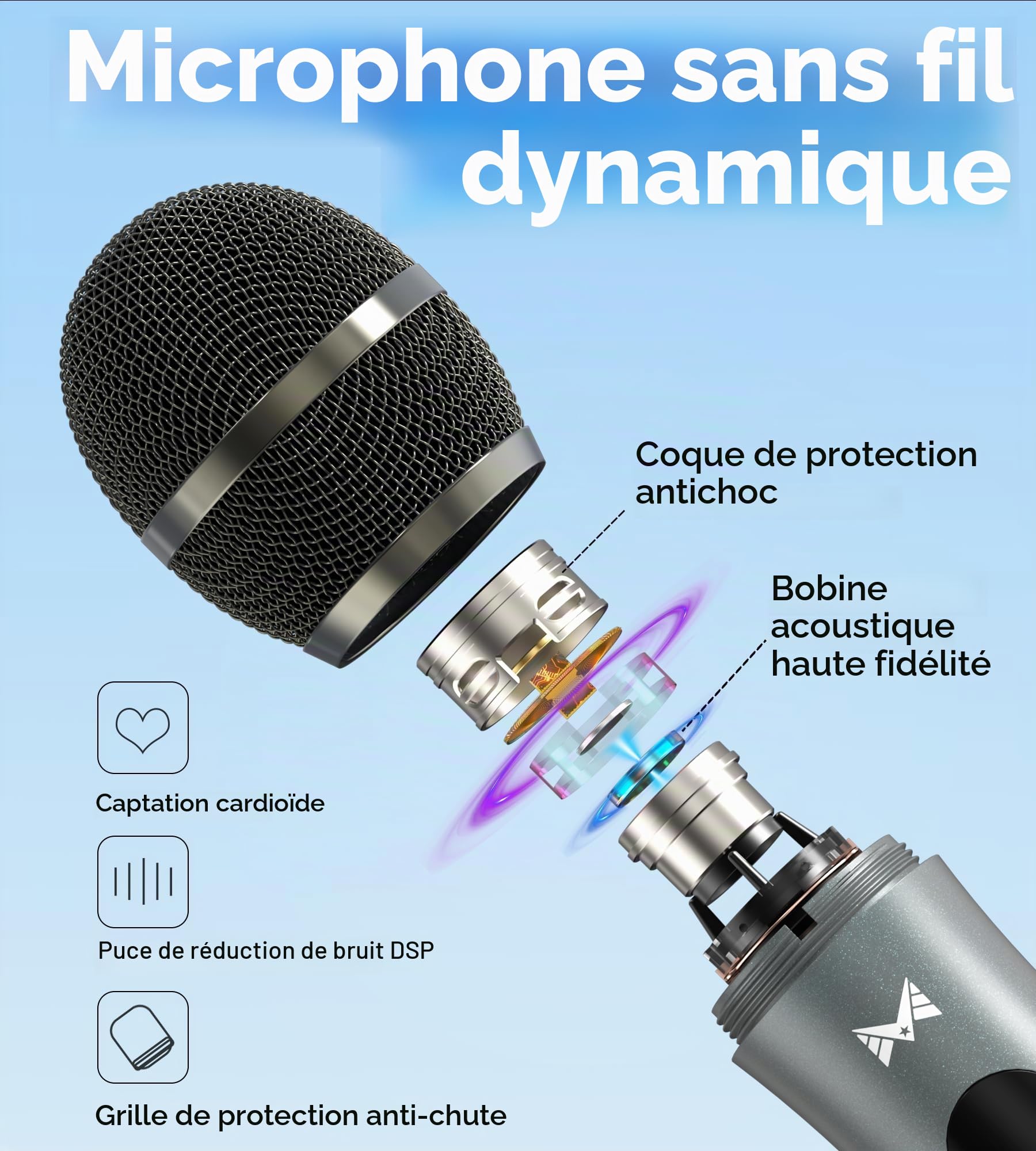 Micro sans Fil, Micro Sans fil Avec Connexion Par Puce Individuelle, Autonomie de 40 h, Réception à 60 m, Microphone à Tube Semi-Métallique Pour Chant, Enregistrement Vidéo, Soirées à Domicile (Noir)
