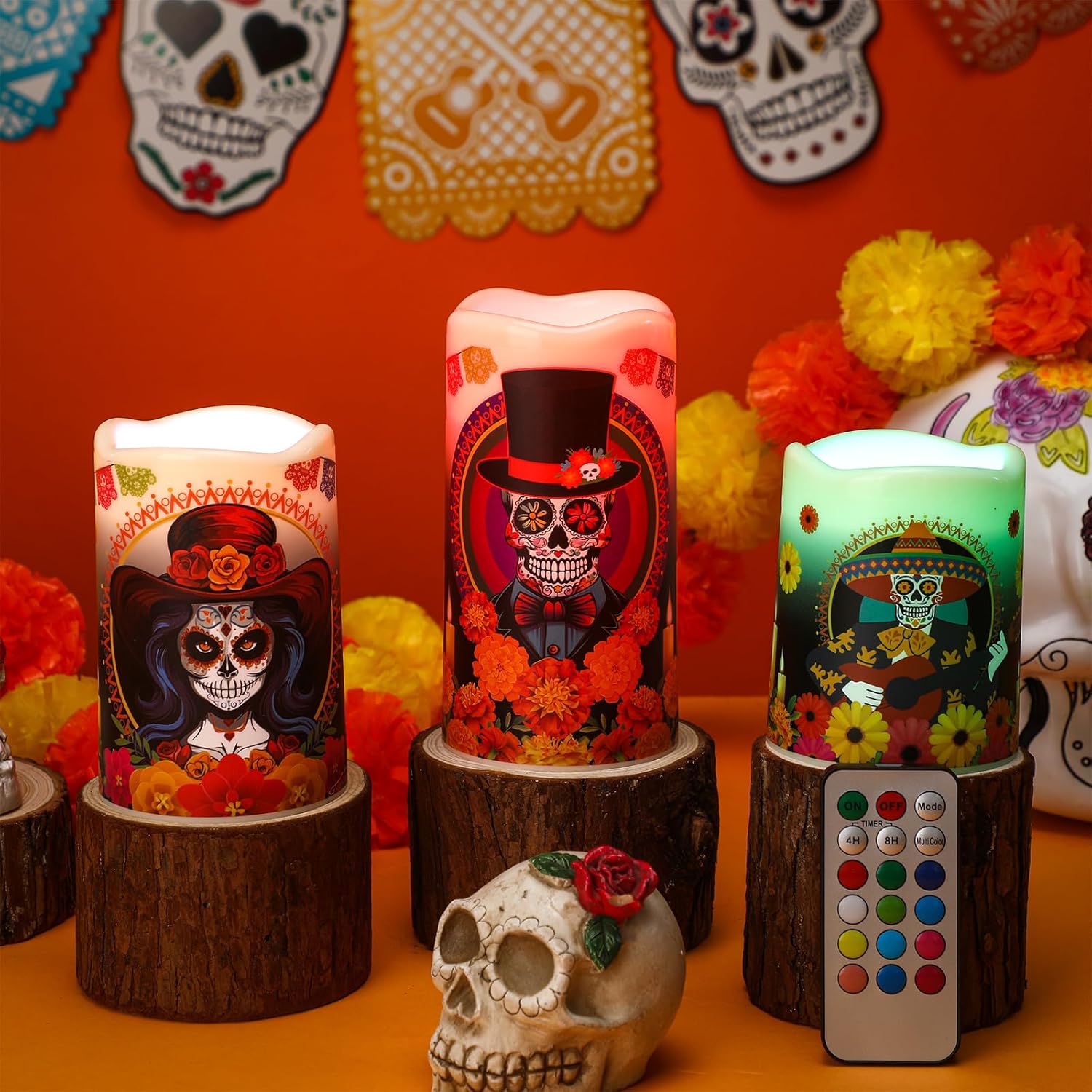 Glooglitter 3 Pcs Day of the Dead Sugar Skulls Flickering Flameless Candles with Remote Timer Dia De Los Muertos Religious Devotional Candles for Ofrendas Vigils Prayers Blessing Ceremonies Home Decor