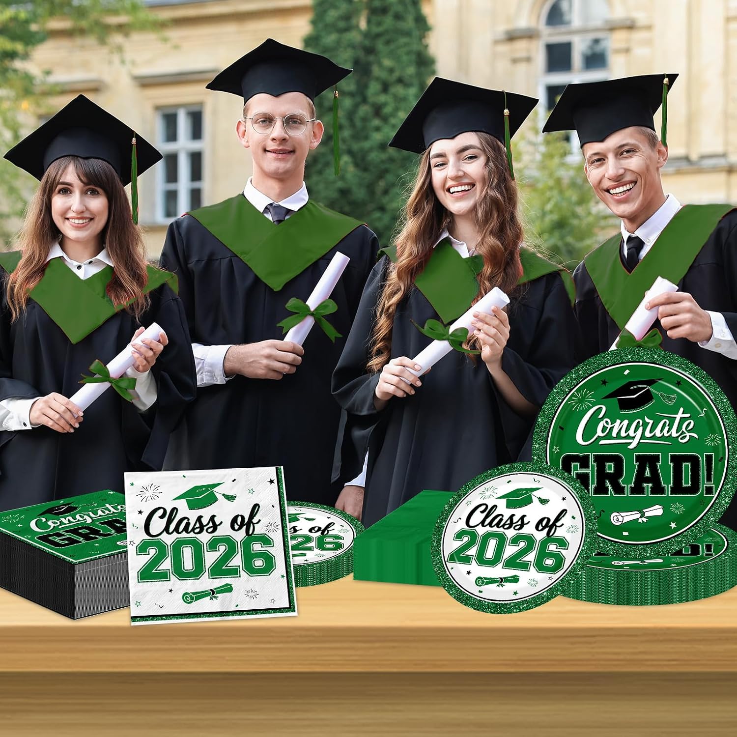 Graduation Plates and Napkins 2026, 200pcs Green Graduation Decorations Class of 2026 Grad Congrats Green Plates and Napkins Party Supplies for Graduation Party Favors,Serve 50 image 2