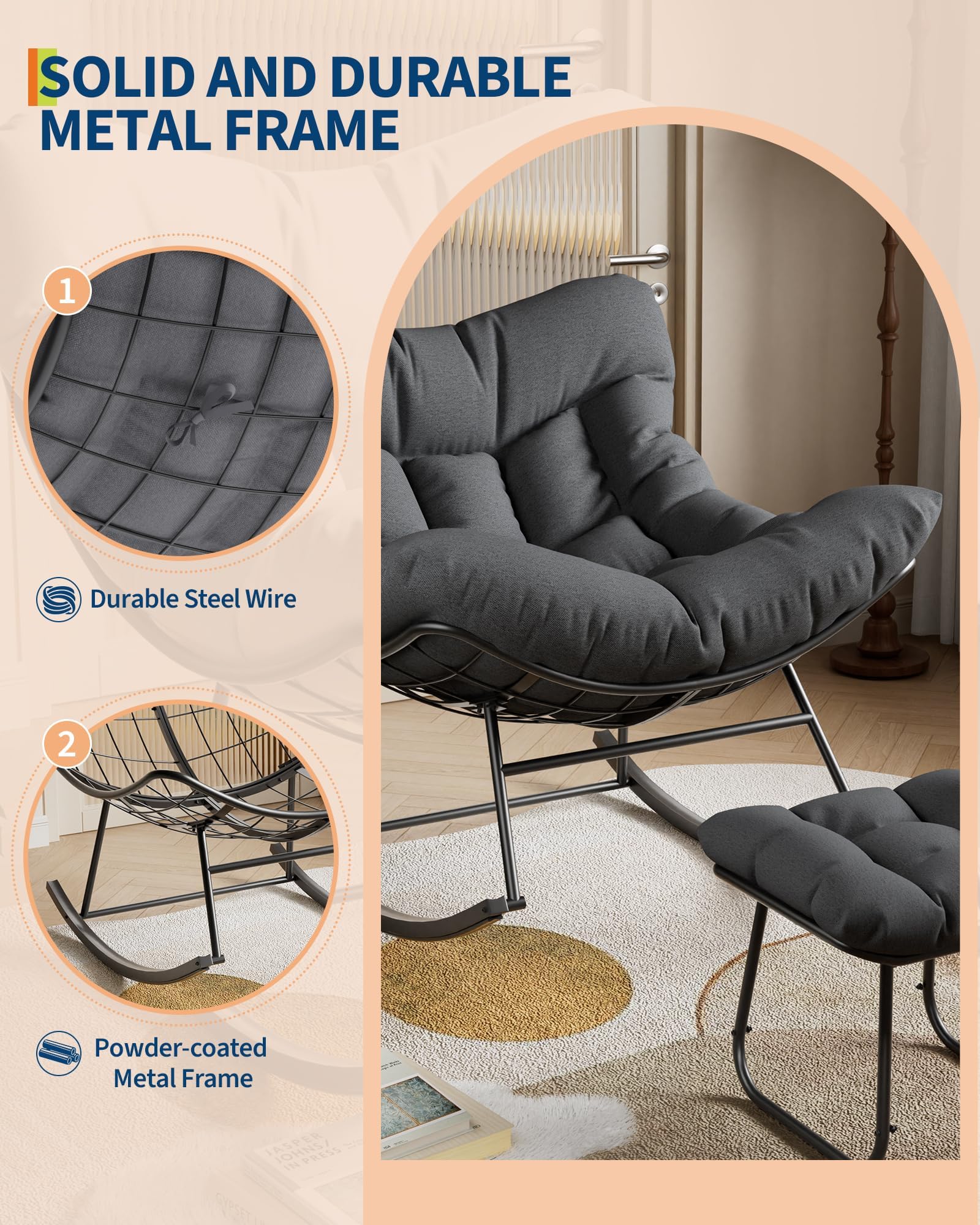 Sedia a dondolo esterno oversize forma uovo poggiapiedi - Seduta ergonomica tessuto grigio imbottitura spessa, struttura in metallo resistente alle intemperie, moderna sedia giardino giardino