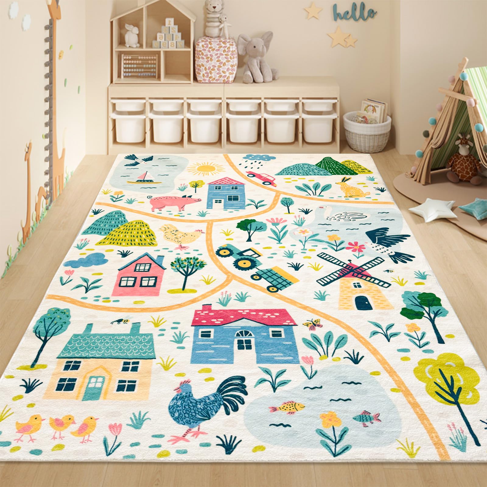 Lacomfy Kids Rug Play Mat - 4x6Ft Farm Animal Carpet for Bedroom Playroom Classroom Boys Girls Kids Nursery Room, Educational, Car Road, Vehicle Track