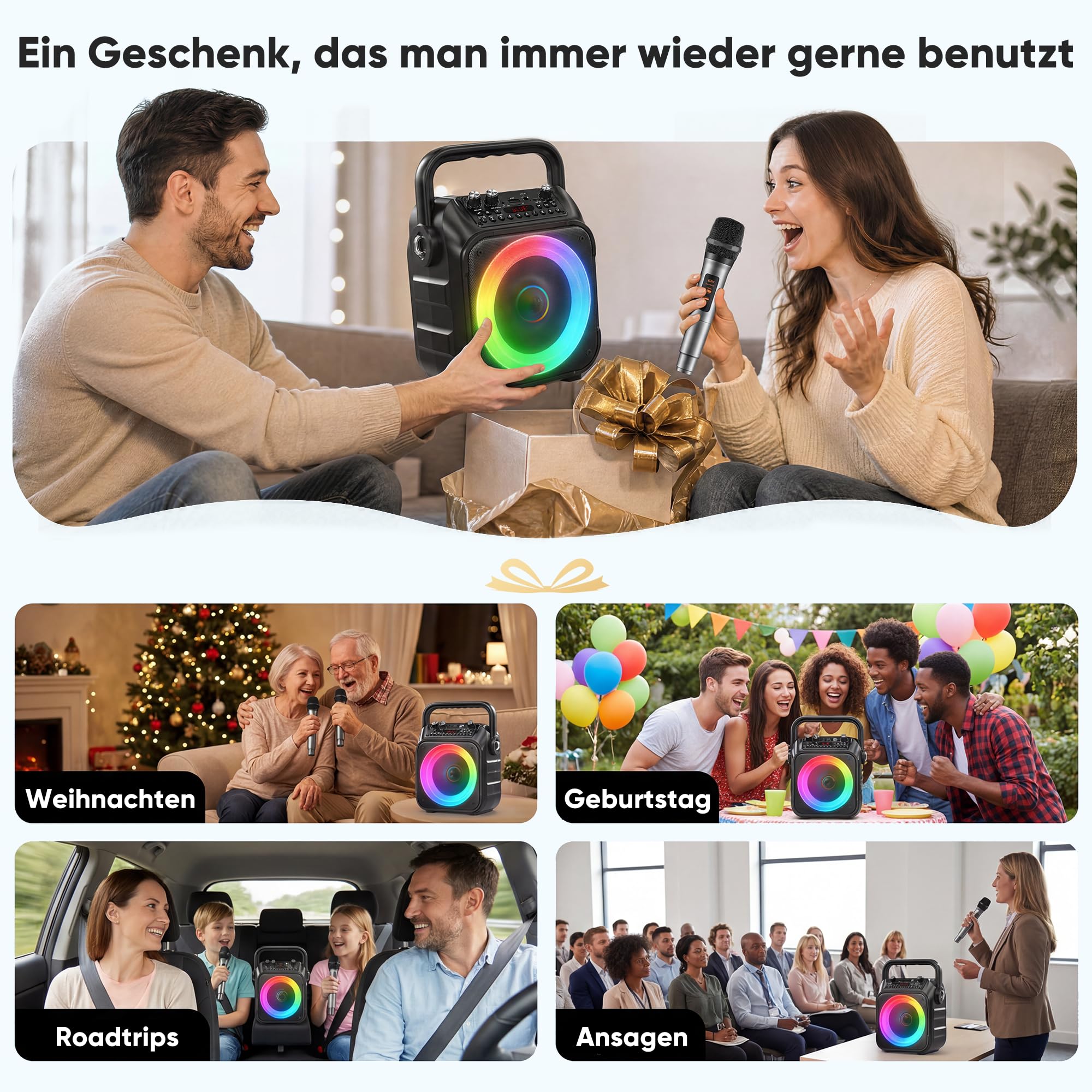 Karaoke Maschine mit 2 kabellosen Mikrofonen, [Neueste] Karaoke Anlage für Erwachsene und Kinder, tragbare Karaoke Box Bluetooth Lautsprecher, TV-kompatibel, PA Lautsprecher für Party und Geburtstag