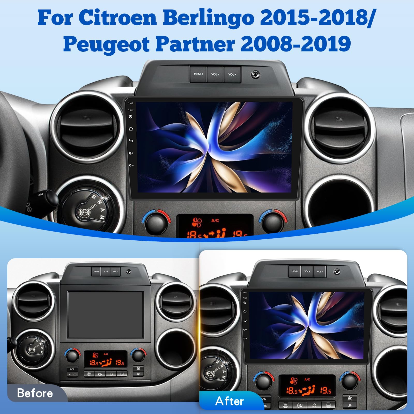 [2G+64G] Android Autoradio pour Citroën Berlingo 2015-2018/Peugeot Partner 2008-2019 avec sans Fil Carplay et Android Auto, Écran Tactile HD de 9 Pouces avec GPS/WiFi/Bluetooth/EQ/FM RDS