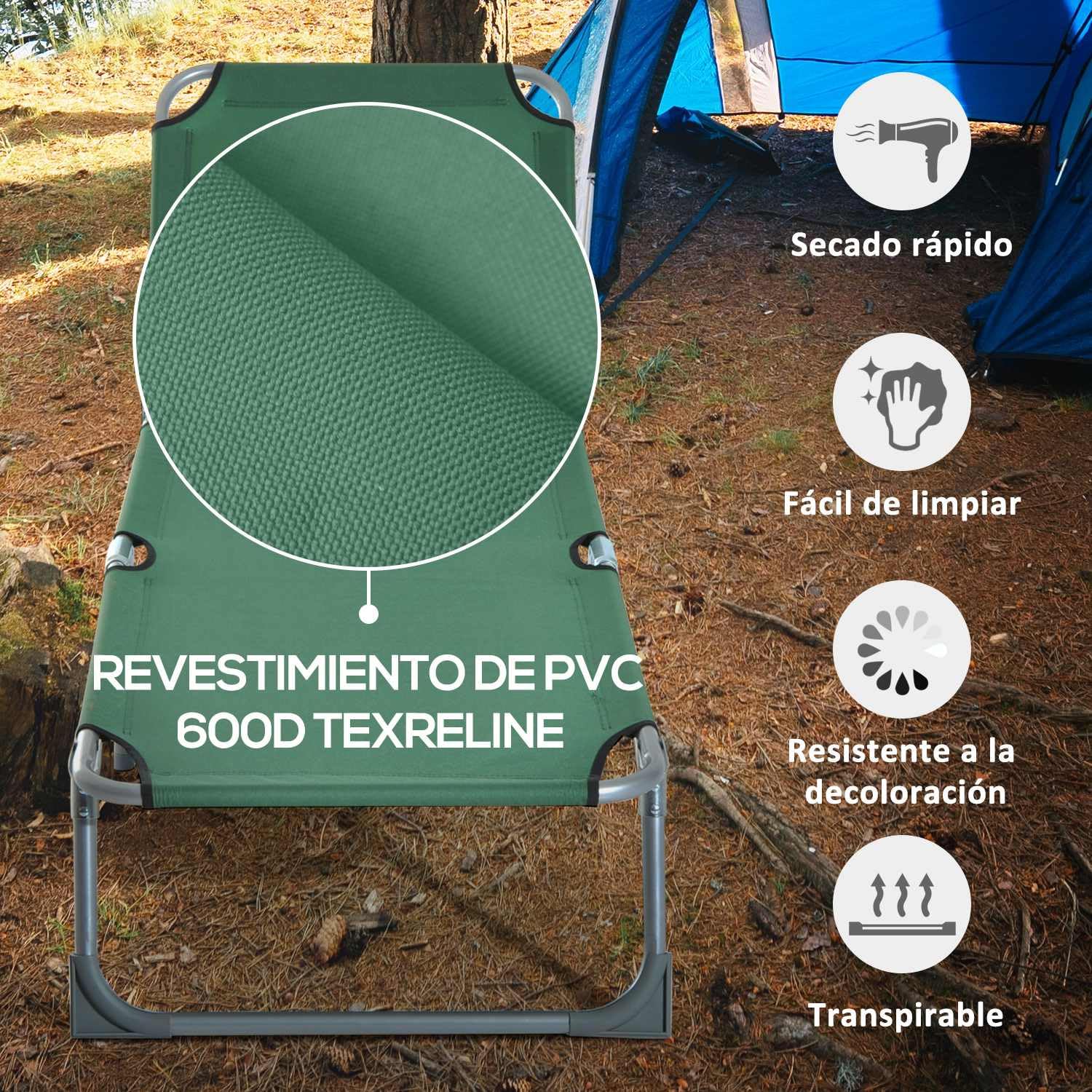 Outsunny Cama Plegable para Camping Cama Portátil con Altura Ajustable en 4 Niveles Carga 120 kg y Marco Metálico para Playa Piscina 187x58x30cm Verde