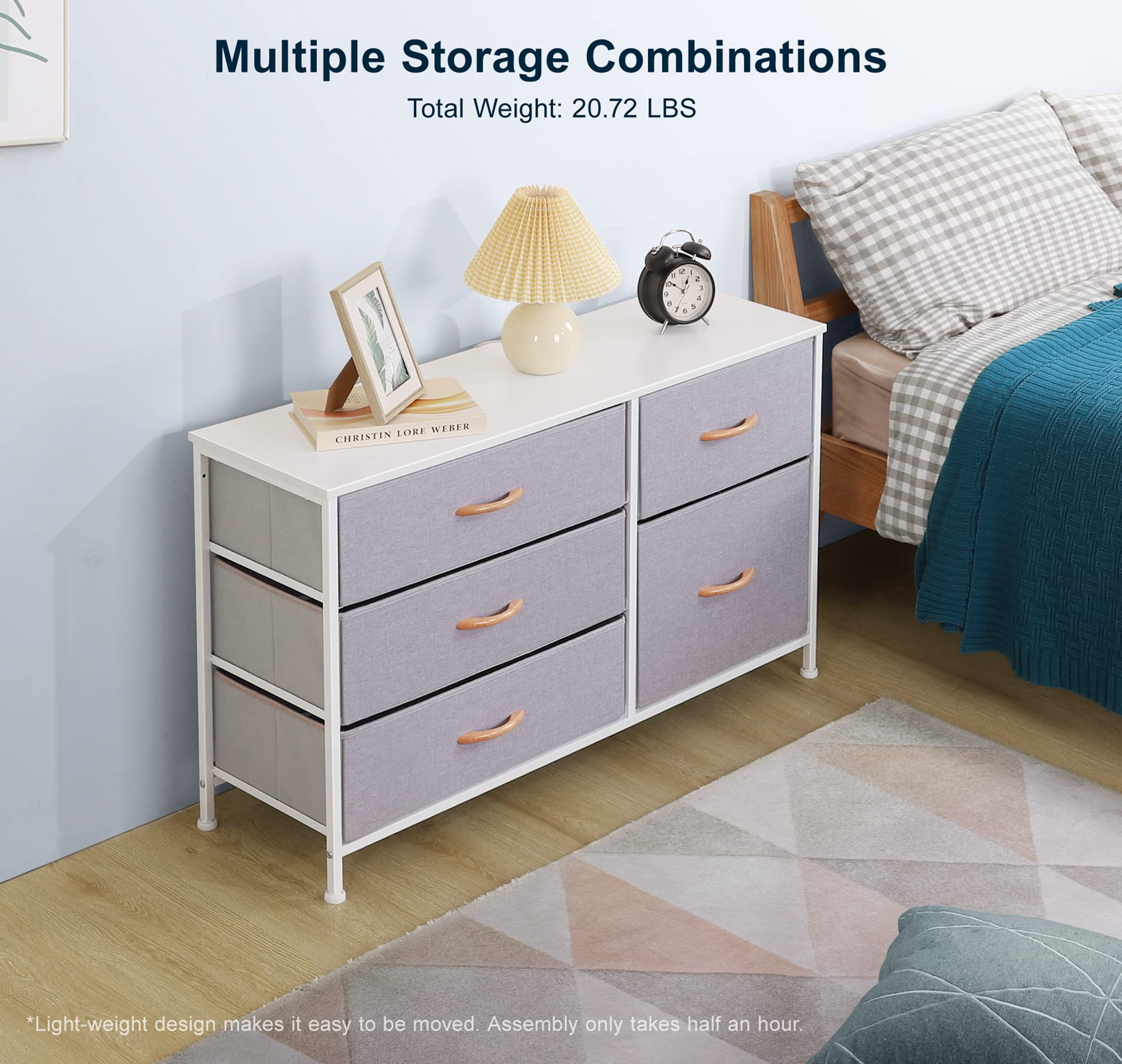 Nicehill Dresser for Bedroom with 5 Drawers, Storage Drawer Organizer, Wide Chest of Drawers for Closet, Clothes, Kids, Baby, TV Stand with Storage Drawers, Wood Board, Fabric Drawers (Light Grey)