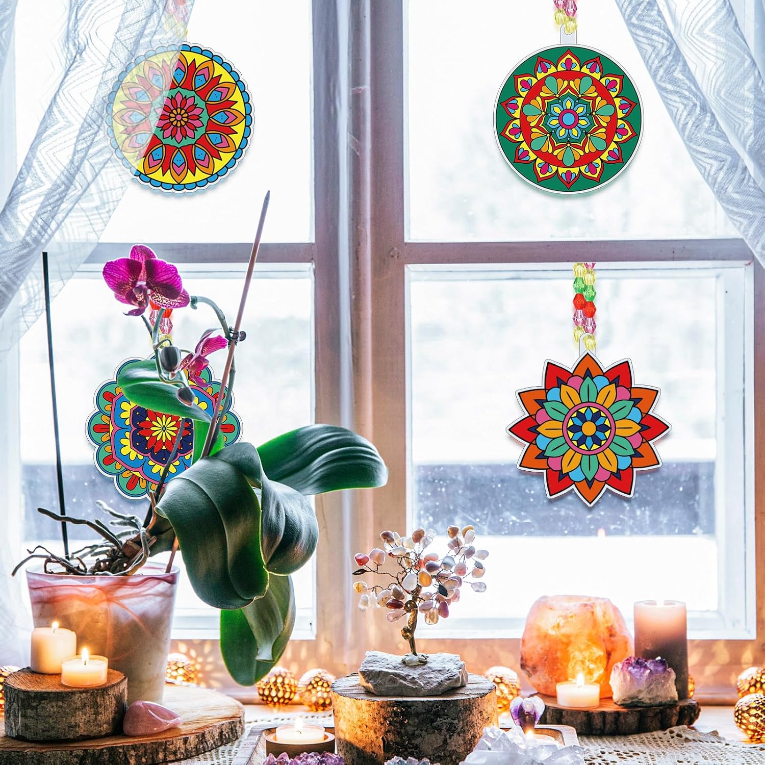 Pasimy 36 Sets Mandala Suncatchers Crafts Kit Flower Window DIY Hanging Ornaments Decorations Spring Summer Paint Your Own Activities Arts Project Party Favors Gifts for Mother Classroom Home