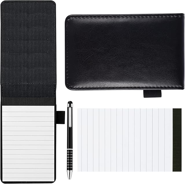 Pocket Notebook Portable Mini Notepad Holder Set with Metal Pen and Leather Small Shopping Note Refills for Adults Students (black)