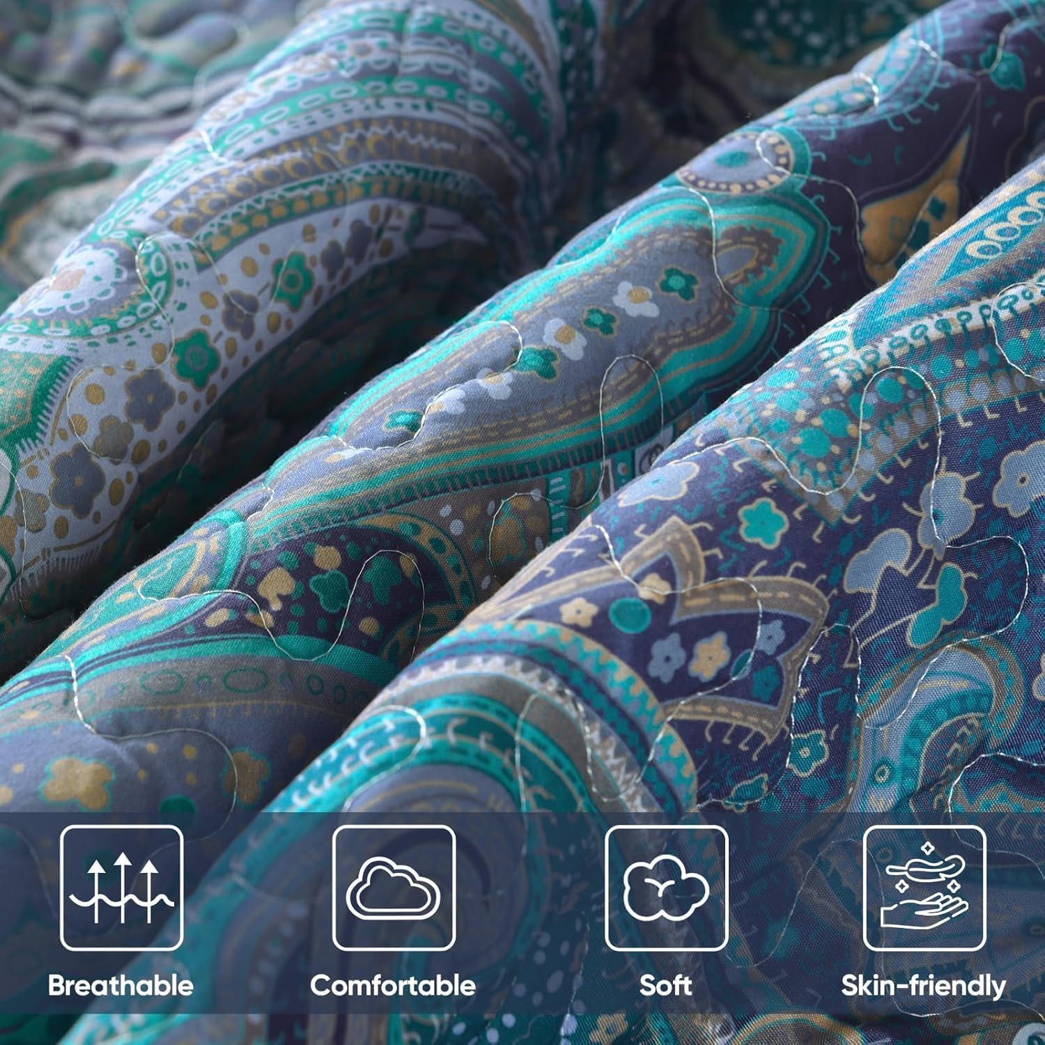 DJY Paisley Quilt Set Queen Size, Boho Bedspread Coverlet Set 3 Pieces, Khaki Blue Ombre Paisley Floral Pattern Quilted Bedding Set, Soft Microfiber Bedspread with for All Season, 96''x90'' - Image 8