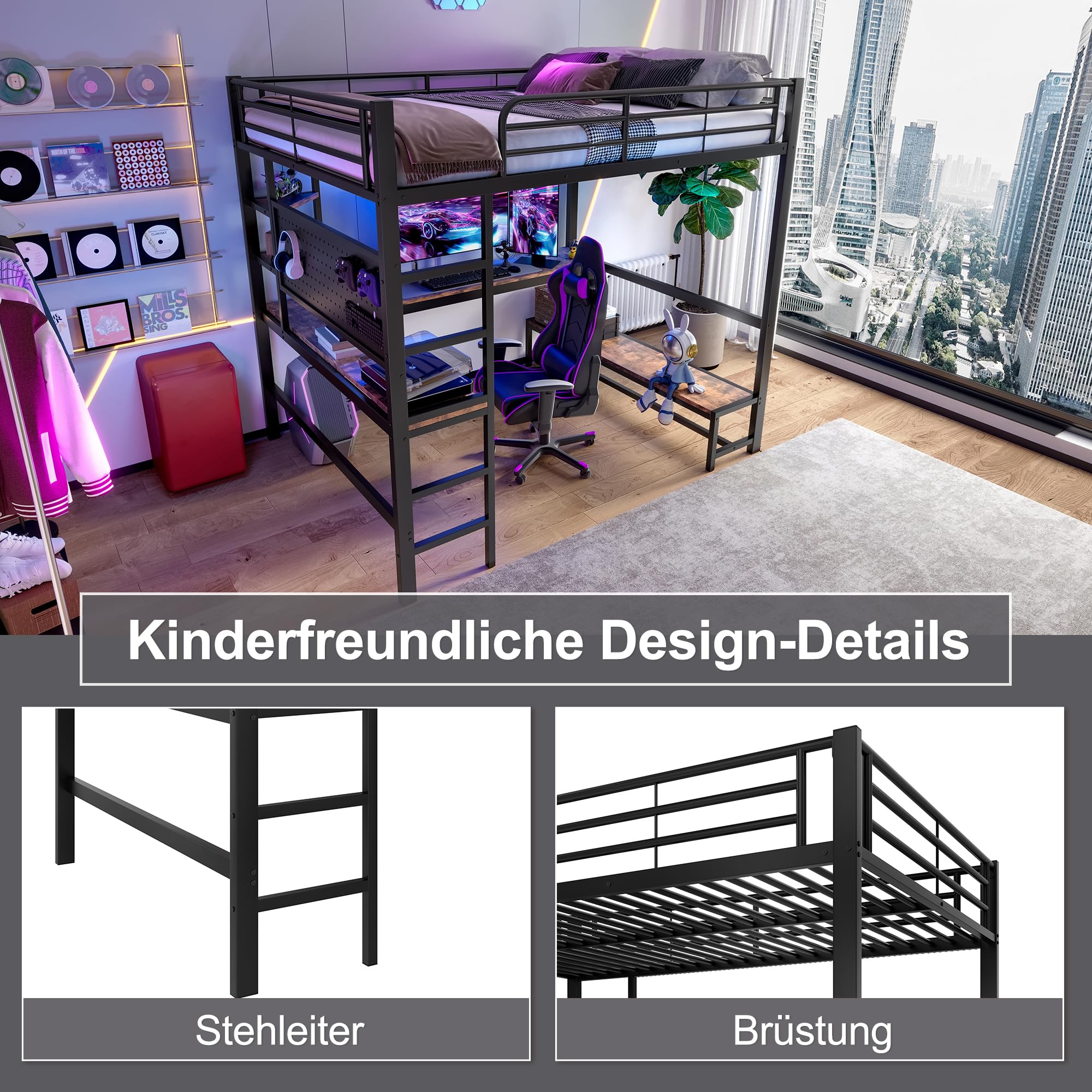 Lit Mezzanine 2 Places 140x200 avec LED et USB C, Lit Enfant en Métal avec Bureau et étagère et Rambarde, Lit Mezzanine Enfant avec Panneau Perforé et Escalier, Lit en Hauteur Structure en Fer, Noir