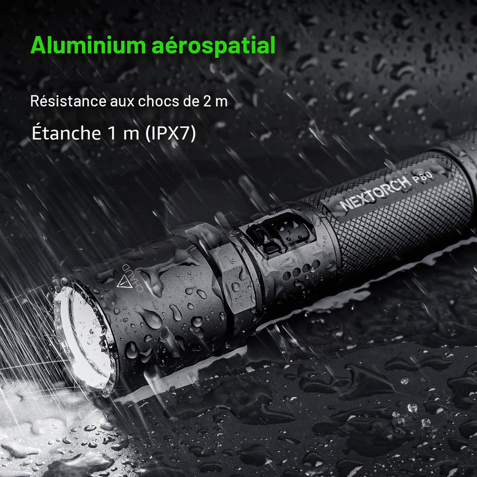 Nextorch P80B Lampe de poche rechargeable haute luminosité, puissante 2100 lumens, lampe torche tactique LED avec 5 modes et stroboscopique pour le travail de nuit, les aventures en plein air