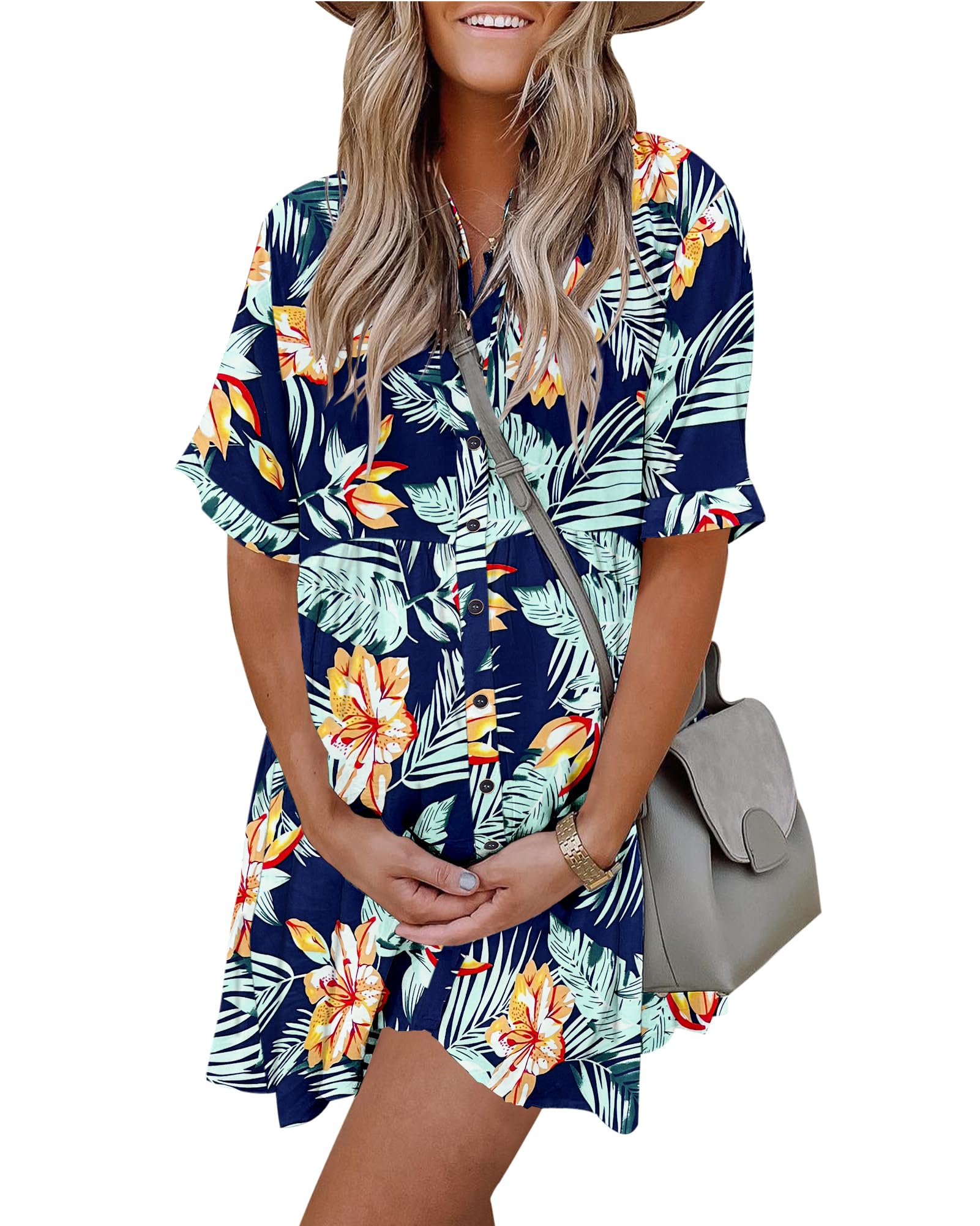 Women's Short Sleeve Babydoll Dress Button Down Dresses with Pockets
