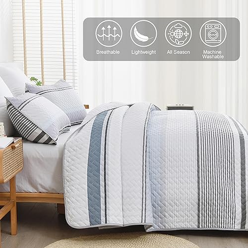 Miniatura 4 de DJY Juego de edredón a rayas grises tamaño Queen, juego de colcha de retazos a rayas azules y grises, juego de edredón bohemio de microfibra suave,