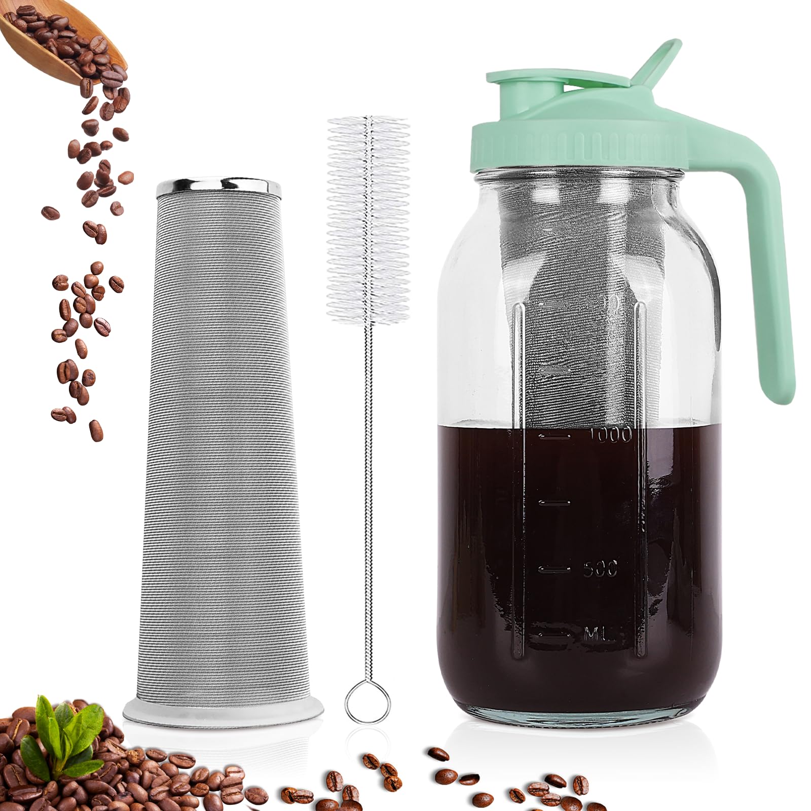 Cold Brew Coffee Maker?64 oz Wide Mouth Mason Jar Pitcher with Stainless Steel Filter, Pour Spout Handle Lid, Heavy Duty Glass Airtight & Leak-Proof Pitcher for iced coffee & Tea Lemonade-Green
