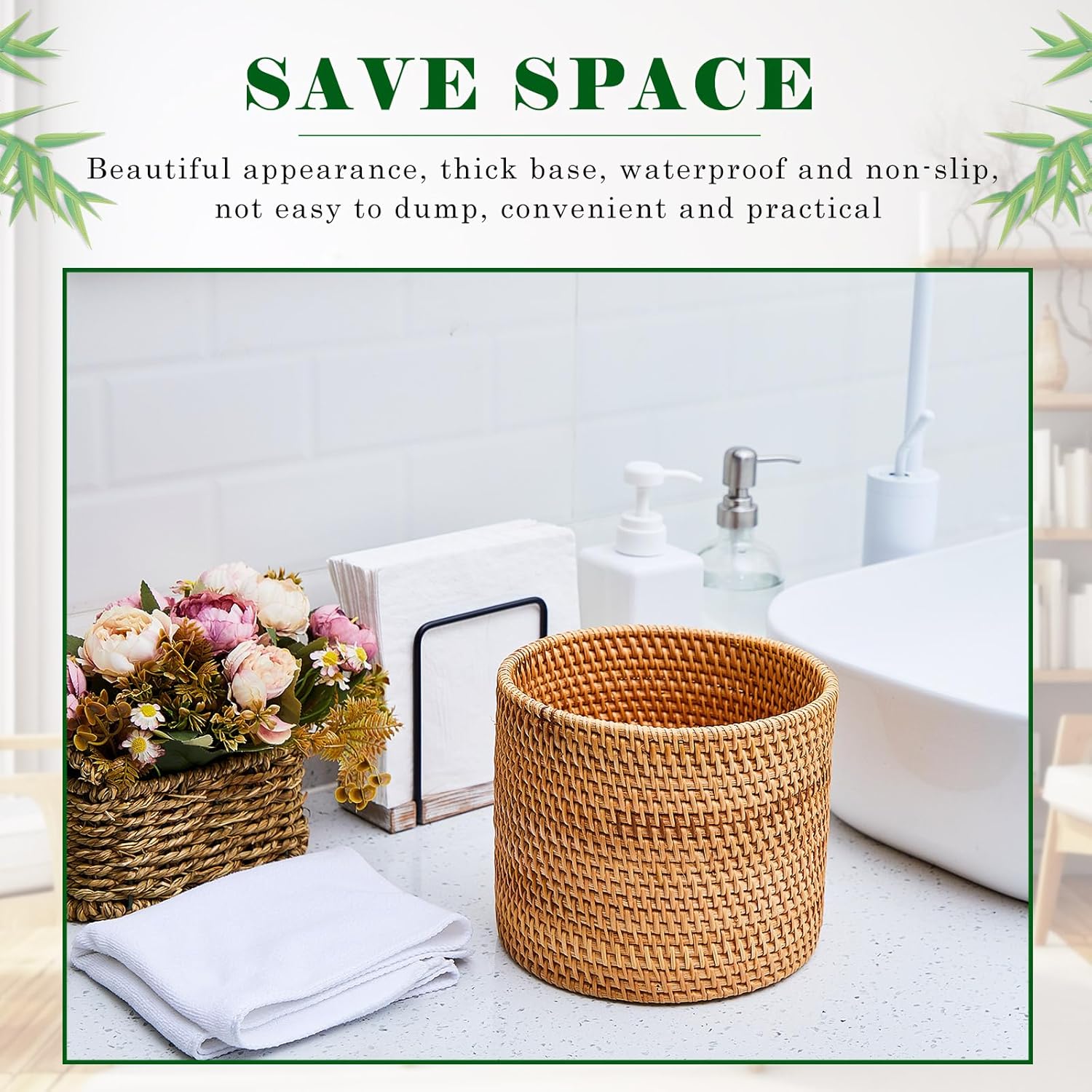Ziliny 2 Pcs Mini Rattan Bathroom Trash Can Handmade Wicker Waste Basket Small Cylinder Storage Table Baskets for Bathroom Home Bedroom Kitchen Storage Office Desktop Essential