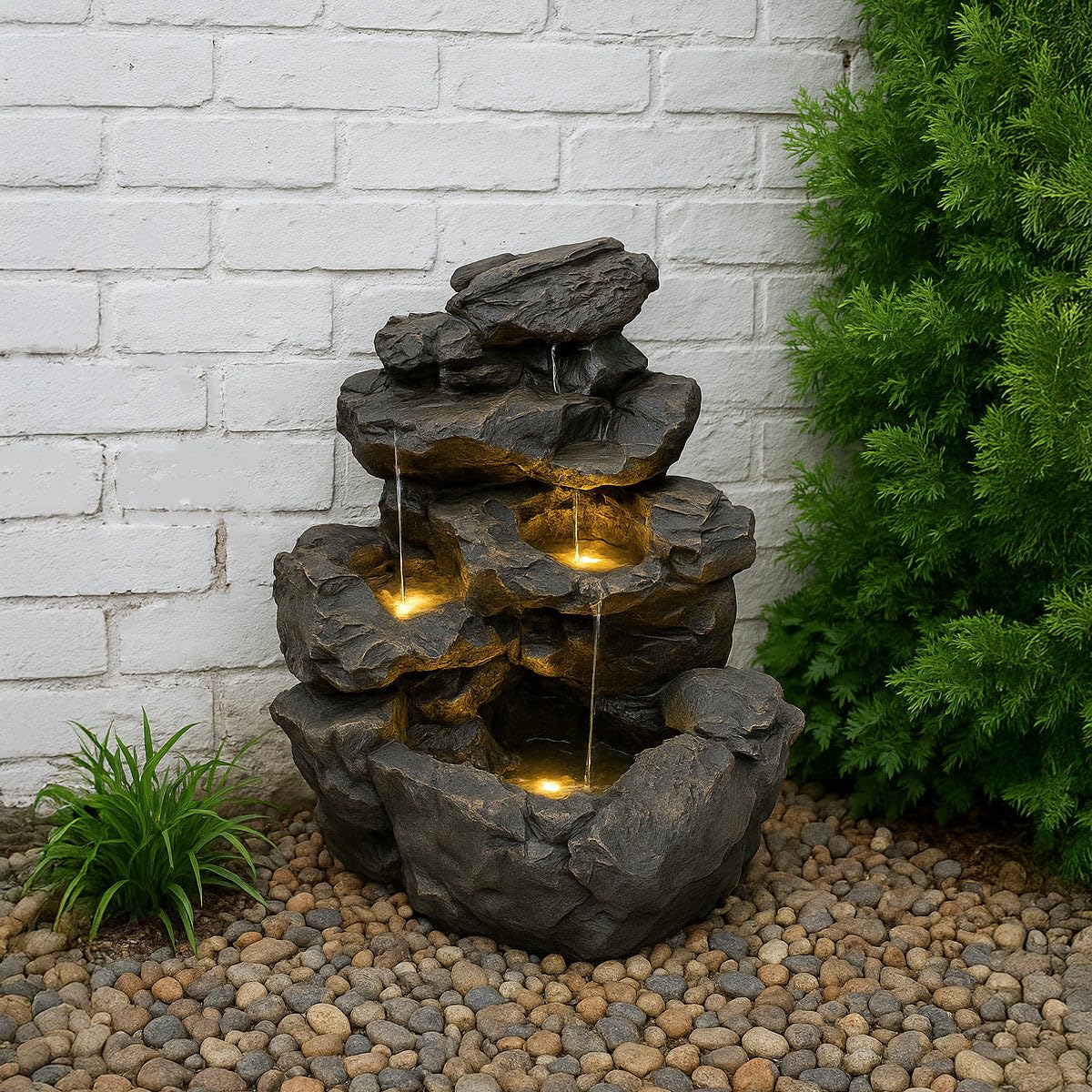 Fuente de Agua Exterior Eléctrica Efecto Roca con Luz LED, Cascada Decorativa Grande para Jardín y Patio, Bomba Silenciosa, Estilo Natural – Rustic Rapids