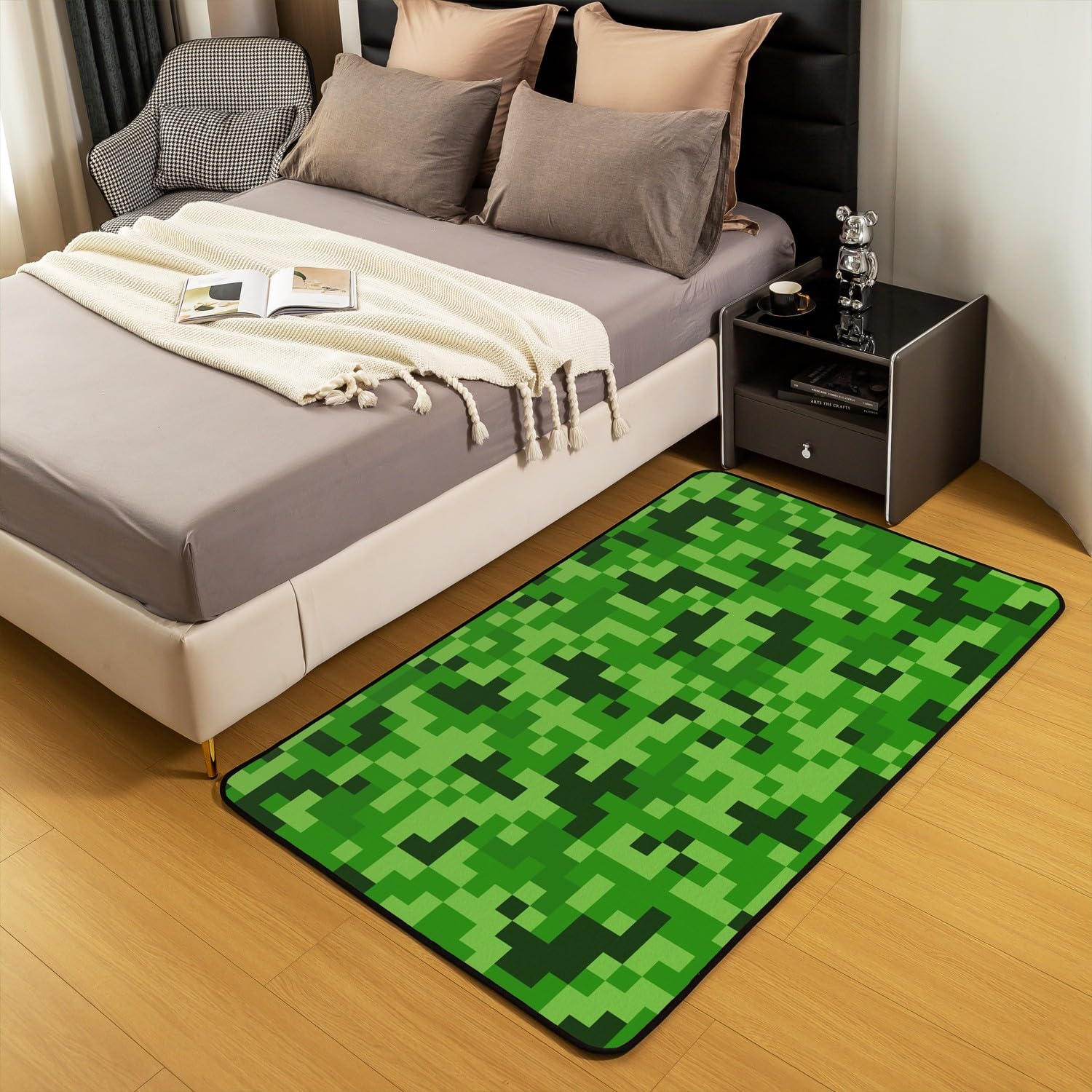 Manfei Miners Pixel Spiele Bereich Teppiche,Grünes Pixelgitter Rutschfester Teppich Videospiele Indoor Fußbodenmatte Home Wohnzimmer Dekor,100 x 150 cm