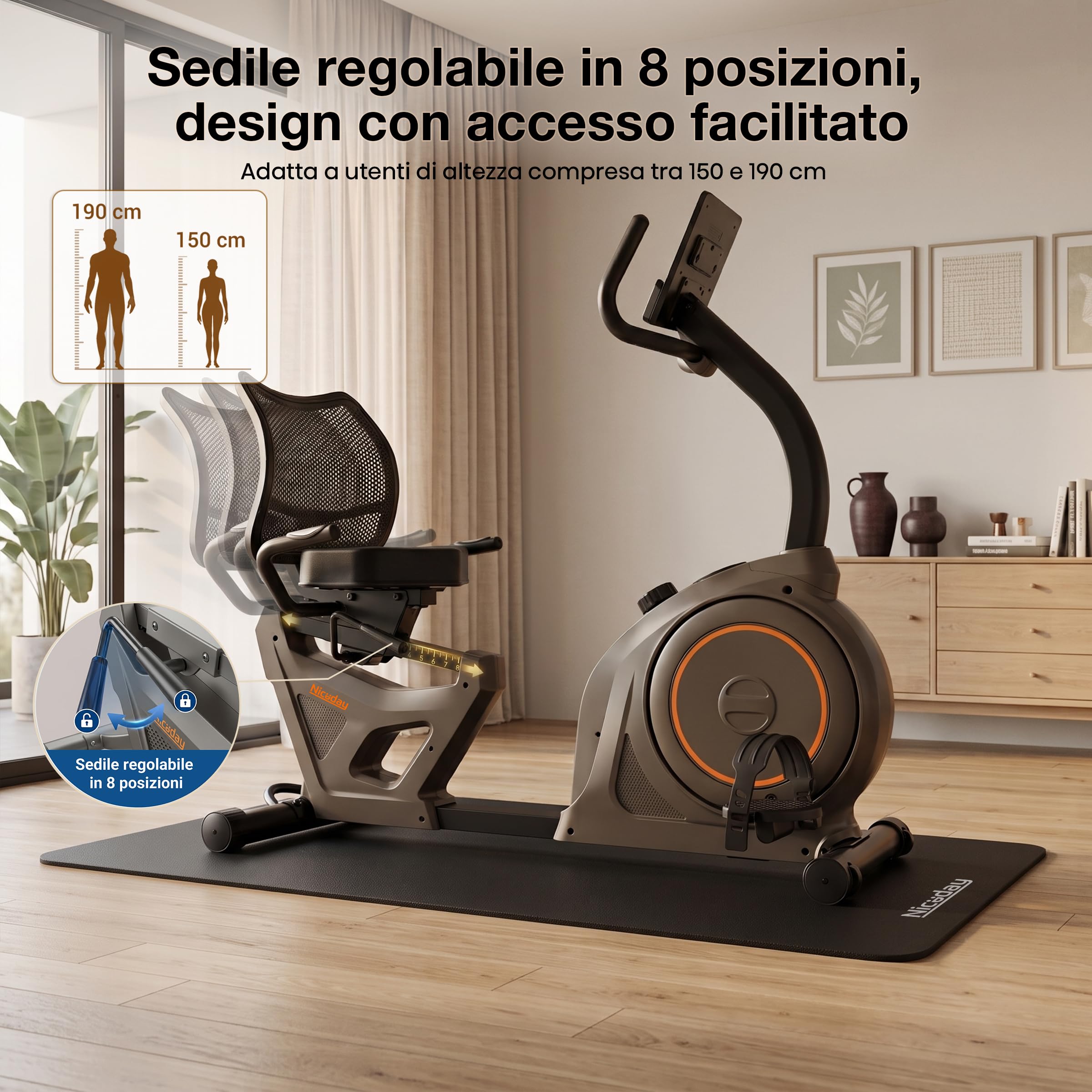 Niceday Cyclette reclinata per anziani, bici da casa silenziosa con 16 livelli di resistenza, sedile ergonomico con schienale, allenamento delicato sulle articolazioni, preassemblata all’85%