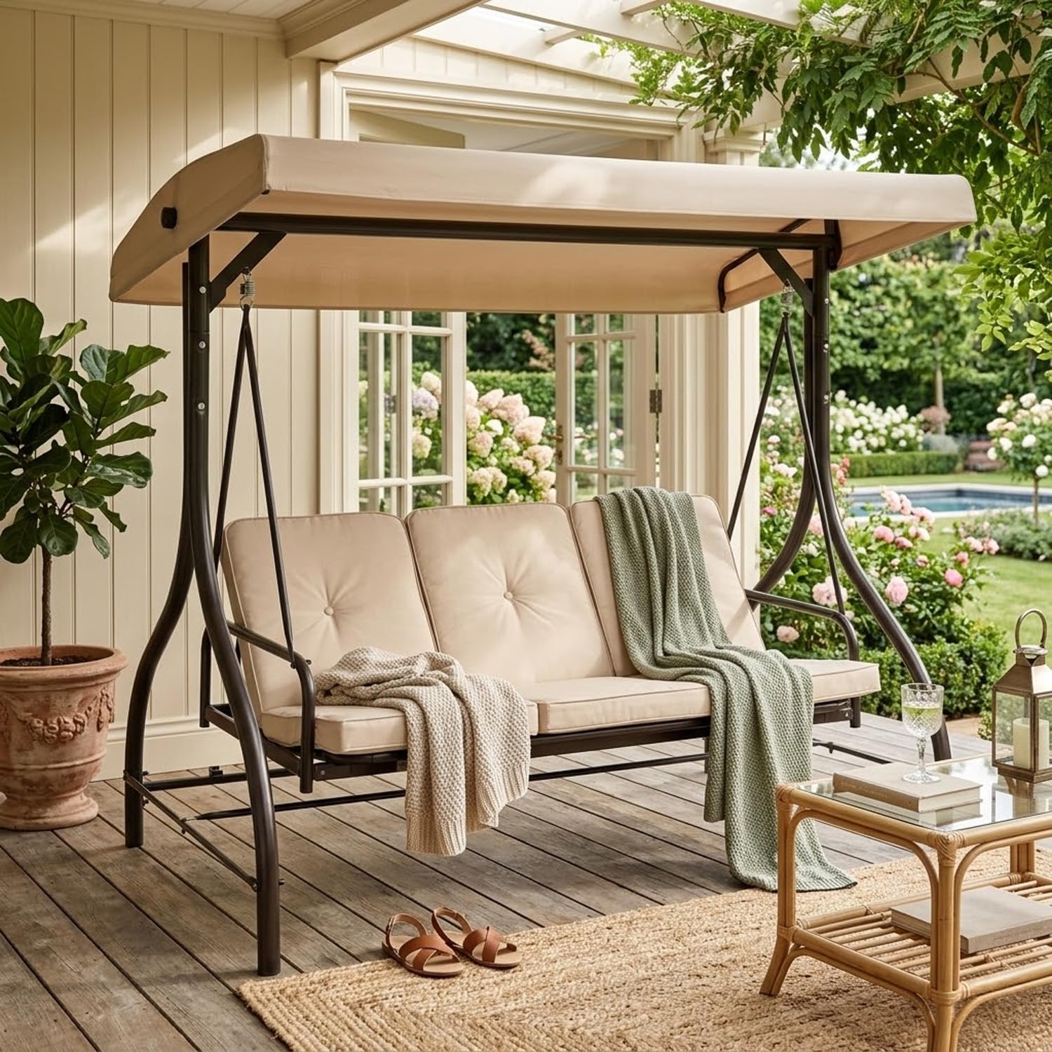 Dondolo Per Terrazzo E Giardino 3 Posti Con Tettuccio Parasole Seduta Reclinabile Convertibile In Letto Struttura Acciaio 195 X 120 X 175 Cm Beige