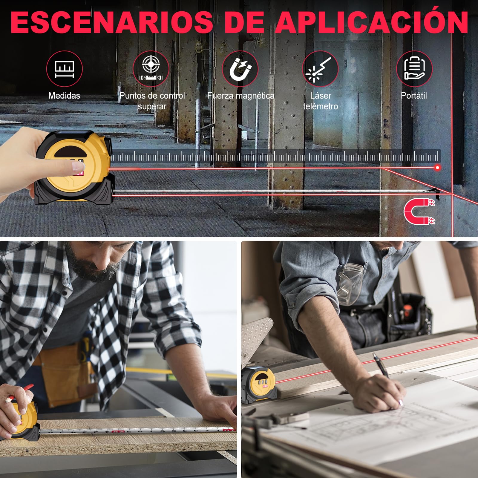 Cinta Métrica Laser, 3 en 1 Medidor Laser Distancia 40m/60m con Cinta Metro 5m, Unidad M/in/Ft, para Distancia Area Volumen y Medición Pitagorica