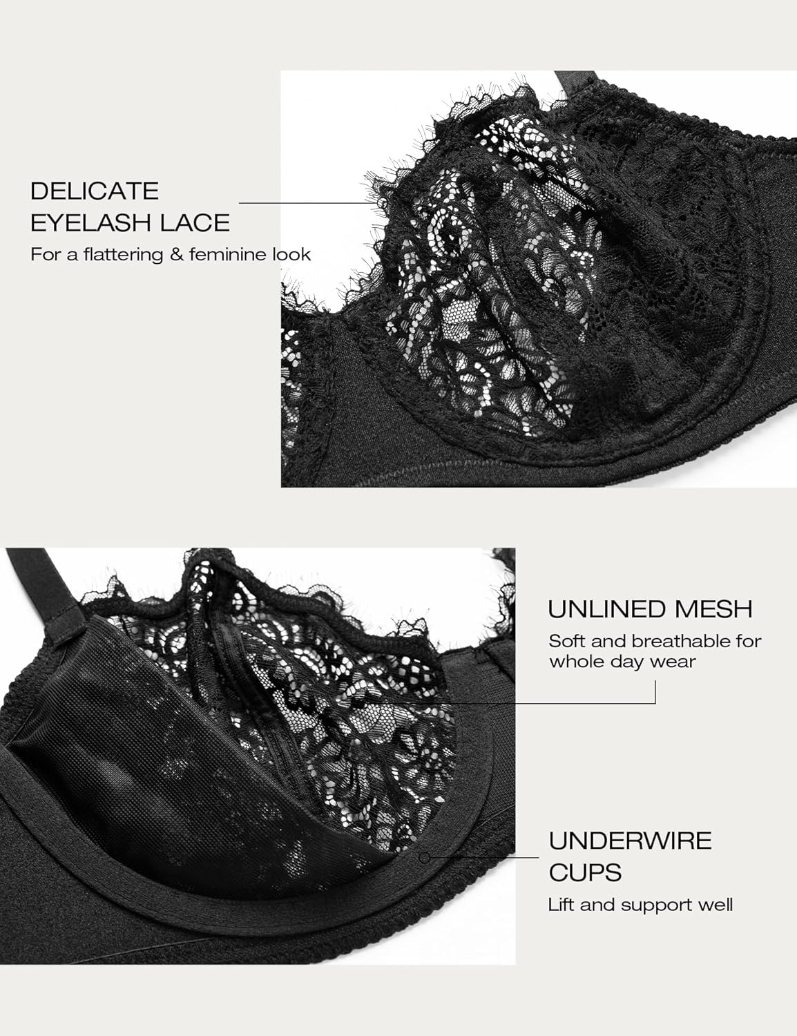 Deyllo Women's Lace Balconette Bras Plus Size Underwire Full Coverage Unlined Bra