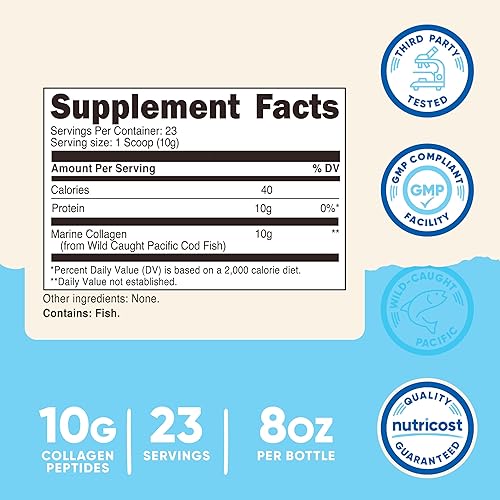 Miniatura 2 de Nutricost Colágeno marino en polvo pescado capturado silvestre (8 onzas) 23 porciones, 0.35 onzas de proteína por porción, capturado en la