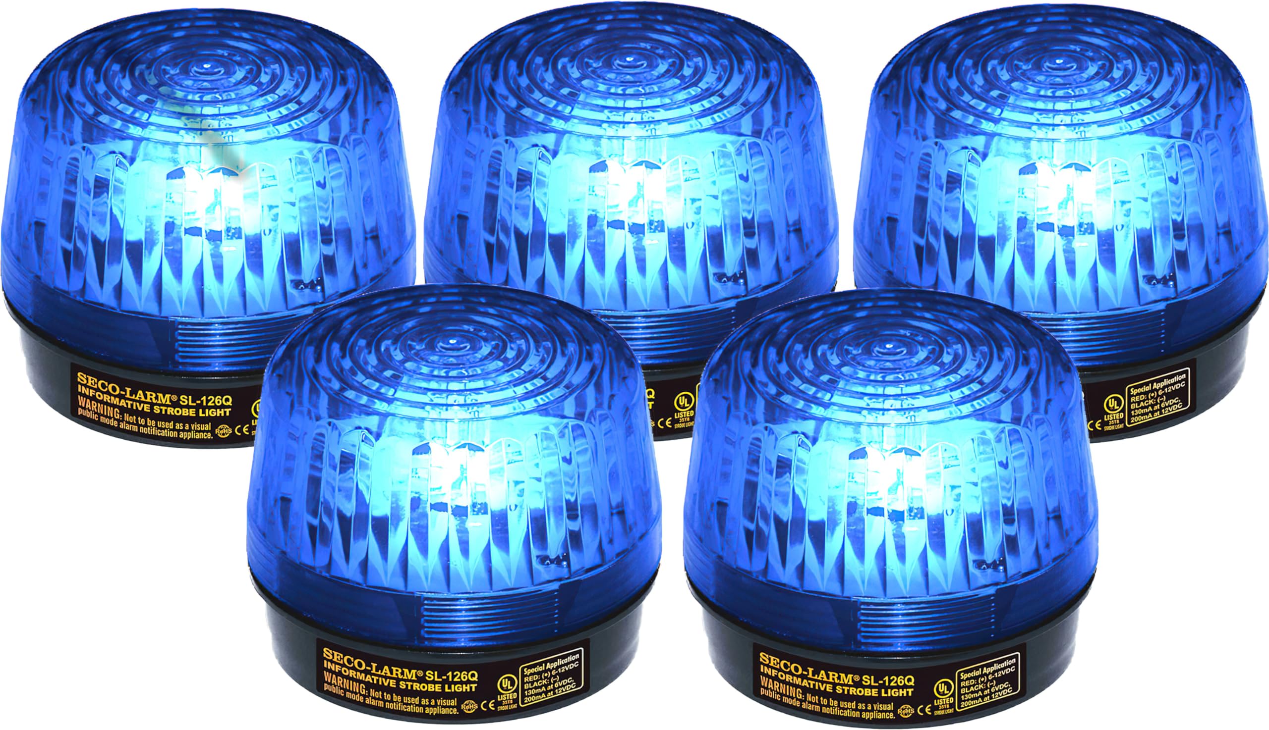 Seco-Larm SL-126Q/B Pack of 5 Strobe Lights, Blue; 6 ot 12VDC; Easy 2-Wire Installation; High-Impact and Heat-Resistant Acryrex Lens; Lifespan of Over 300 Continuous Hours; Protective Inner Cover