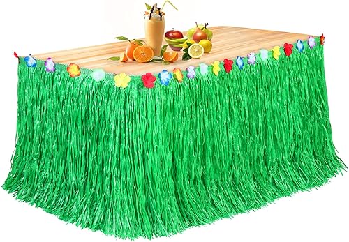 Fovths Luau - Falda de mesa de hierba natural de 9 pies x 29.5 pulgadas, falda de mesa hawaiana para decoraciones de fiesta hawaiana tropical, Verde