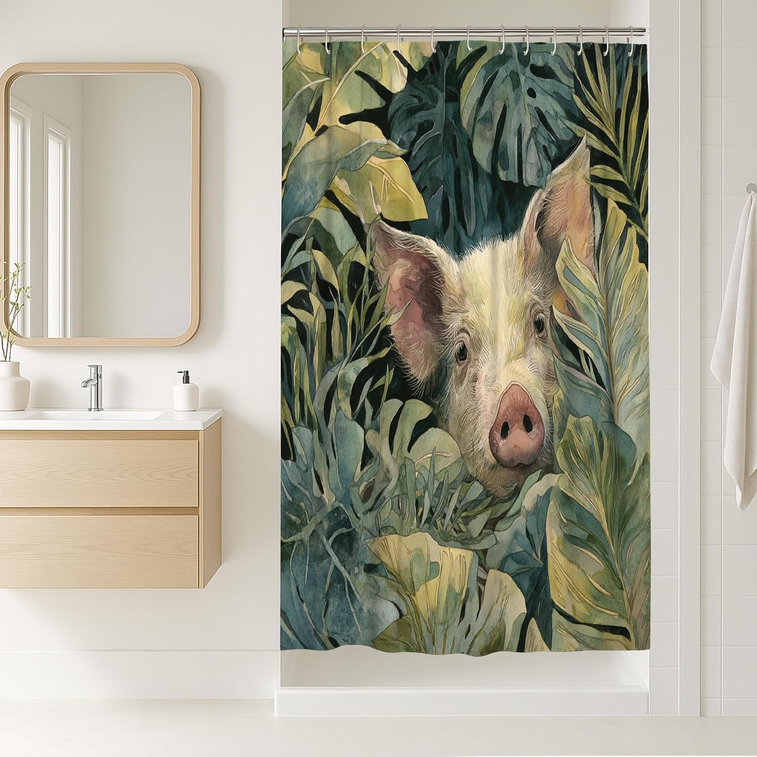 Pig Shower Curtain, Watercolor Peach Animal Bathroom Decor, Farmhouse Rustic Spring Summer Home Accessories, Waterproof Fabric Shower Curtain with Hooks 108x72 Inch
