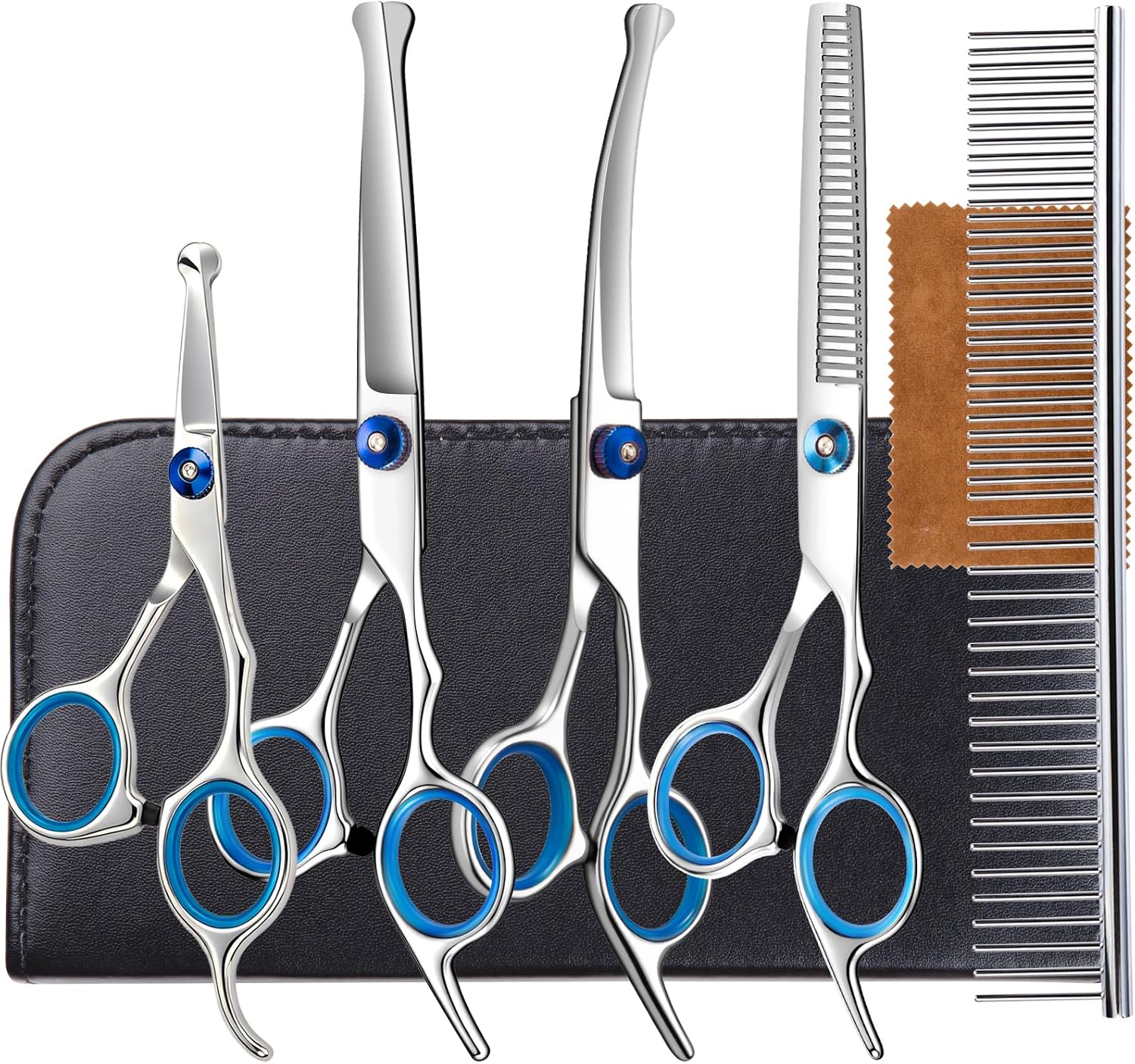 6 in 1 Thick Professional Dog Grooming Scissors wtih Safety Round Tips Dog | Sharp and Heavy Duty Titanium Coated 4CR Stainless Blades, Thinning Shears Set for Pet, Cat Grooming Kit, Blue