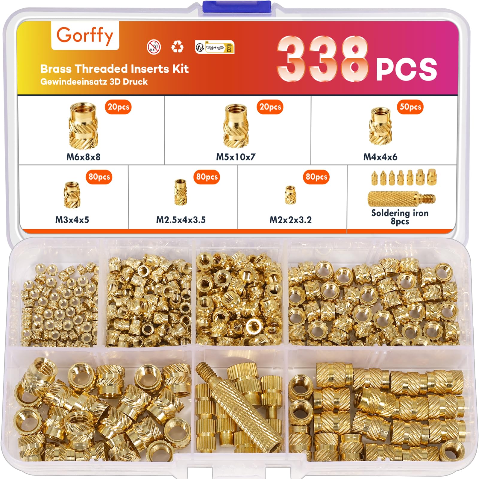Gorffy 338PCS Threaded Inserts for Plastic M2 M2.5 M3 M4 M5 M6 Heat Inserts with Heat Set Insert Tips
