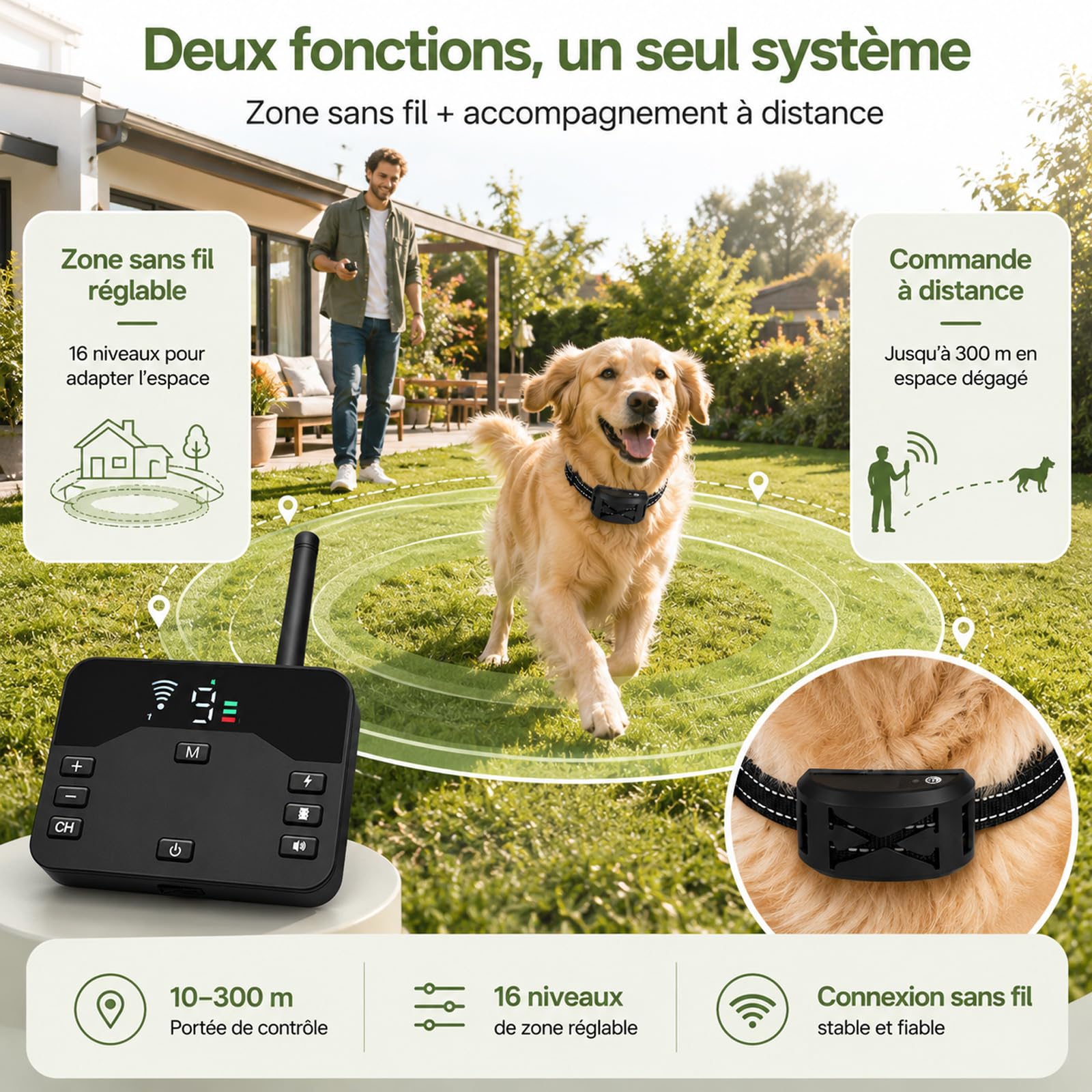 Collier Anti-Fugue 2 en 1 Collier Anti aboiement Chien 3 Modes 9 Niveaux réglables étanche Collier de Dressage avec télécommande