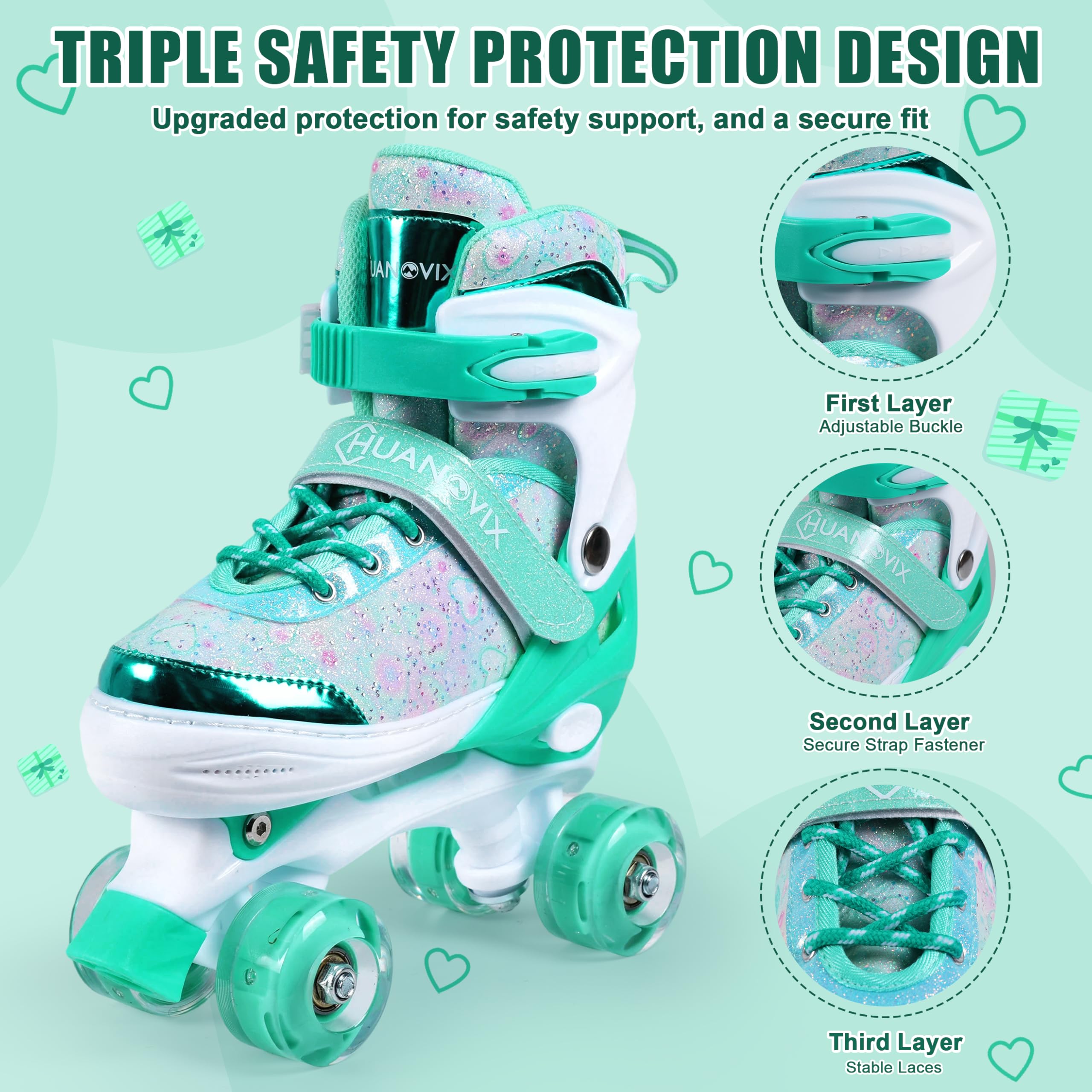 4 Sizes Adjustable Kids Roller Skates for Girls Boys Indoor Outdoor Sports, Love-Green, Medium-Big Kids,Teens - Image 4