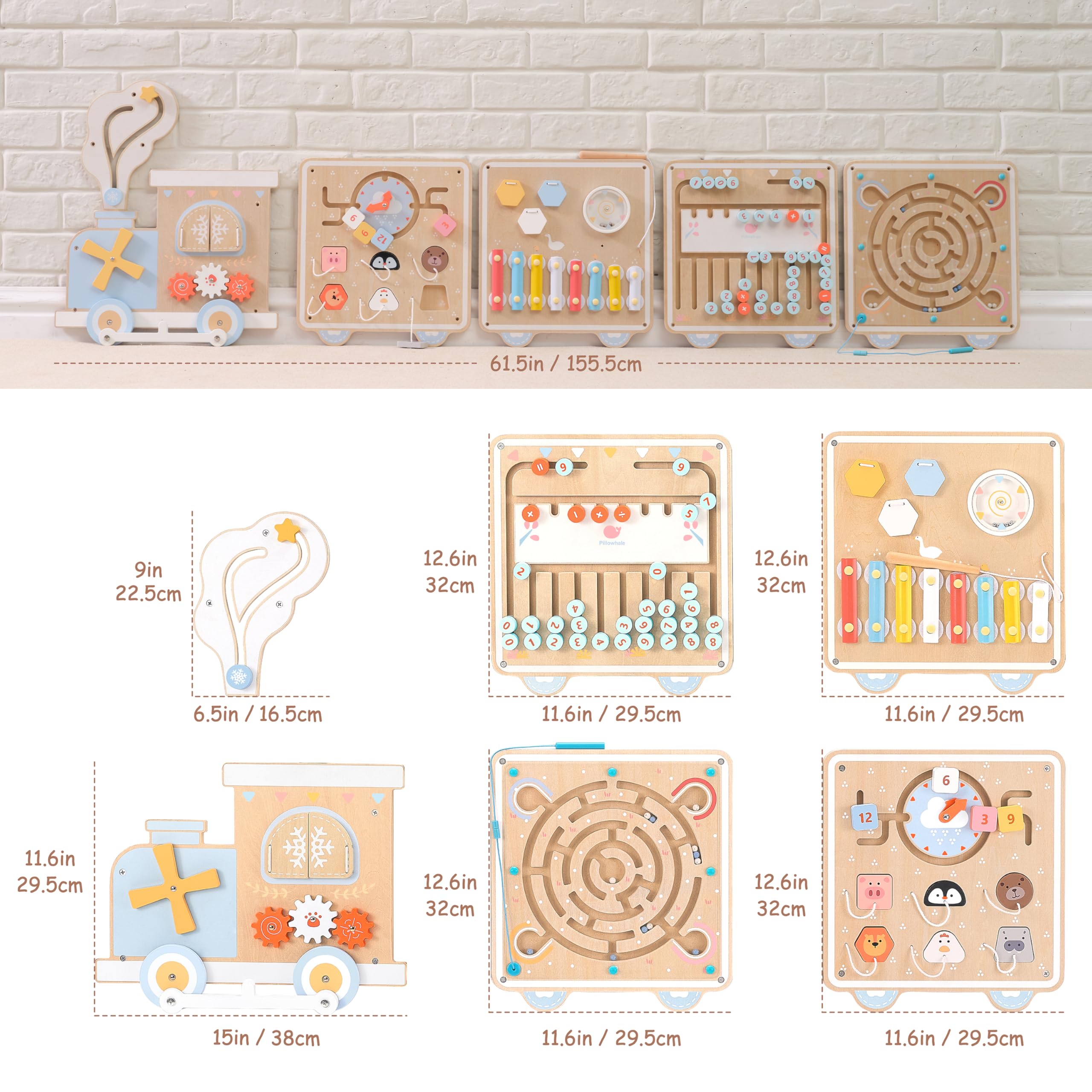 Tabla de actividades de tren de pared, juguetes sensoriales Montessori de madera, centro de actividades de aprendizaje 12 en 1 para sala de juegos, guardería, guardería, aula, juguetes 6