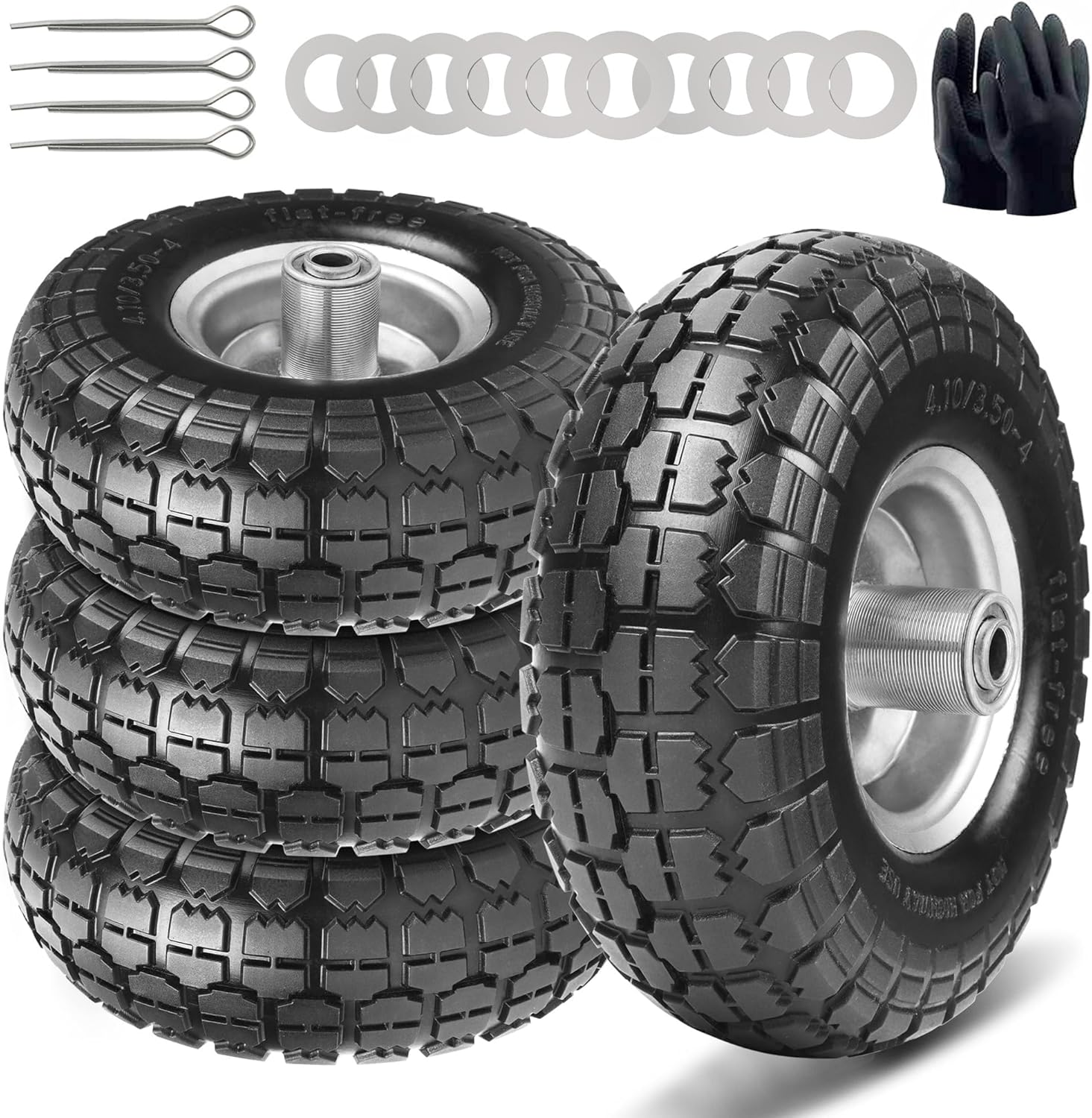 4.10/3.50-4 Tire and Dolly Wheel Flat Free - Solid Rubber Hand Truck Wheels 5/8" Axle - Gorilla Cart Tires Replacement for Garden, Wagon, Yard and Wheelbarrow (10 Inch 4 Pack) 10-Inch 4-Pack