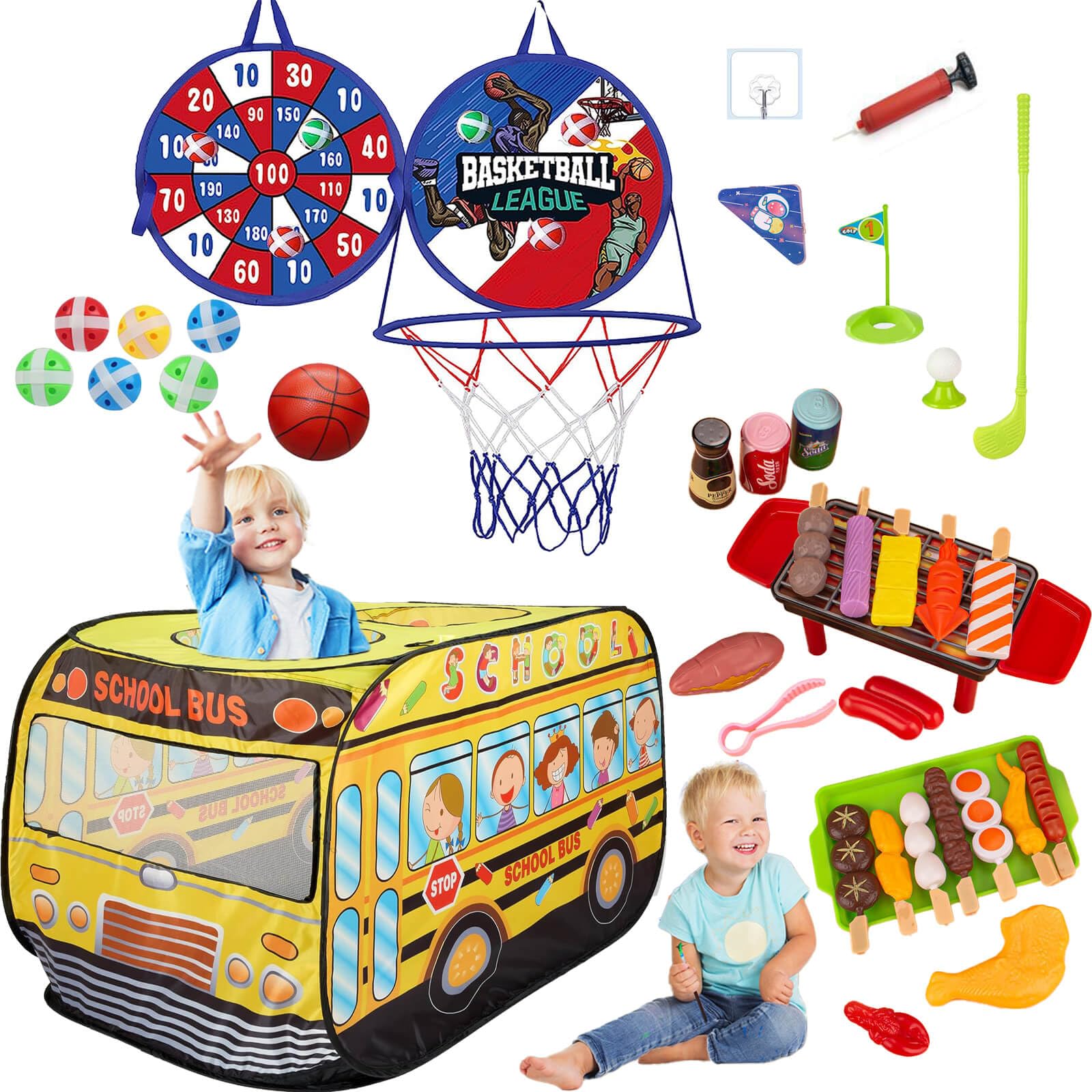 Tienda de campaña desplegable para niños de 3 a 5 años, casa de juegos interior para niños pequeños con golf, dardo, aro de balonc