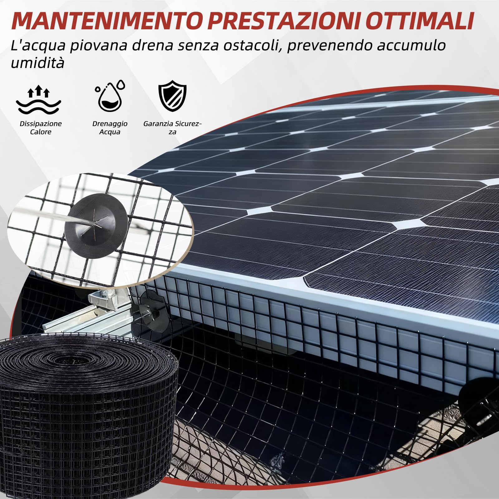 Rete di protezione dagli uccelli per pannelli solari, 30 m x 20 cm, rivestita in PVC, antiruggine, con 100 fascette stringicavo
