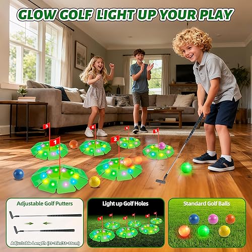 Miniatura 5 de VATOS Juego de Golf de Iluminación - Juguete de Golf con brillo con 6 hoyos LED, 6 bolas (2 brillantes), putter extensible, construye tu propio