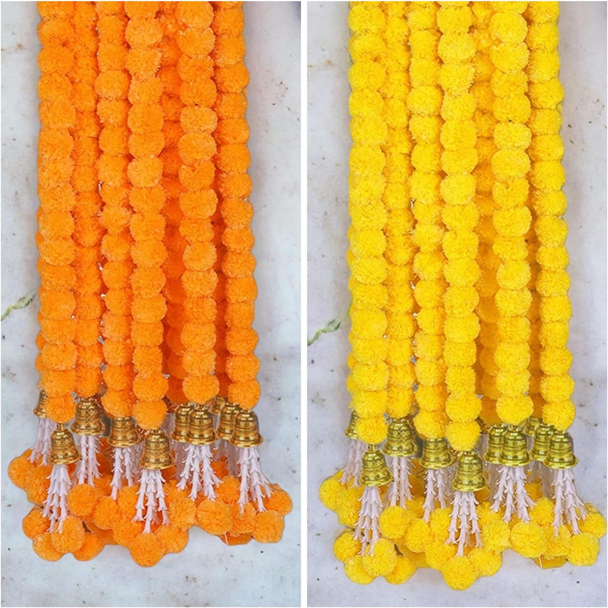 Plastic Handmade Artificial Marigold Flower Garland Long Flower Garlands for Door Decoration Toran Genda Phool for Wedding/Festivals with Bells and Rajnignadha (5 Yellow+5Orange / 5Ft)