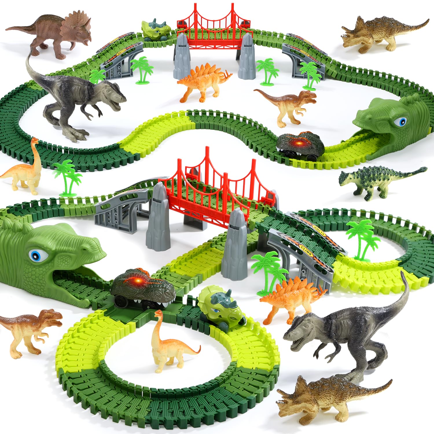EagleStone Dinosaurier Rennbahn Set – 225 Teile Flexible Rennstrecke, 1 elektrisches Dino Auto mit Licht, 8 Dino Figuren, Dino Tunnelkopf, Weihnachts Geburtstagsgeschenk für Kinder von 3 bis 8 Jahren