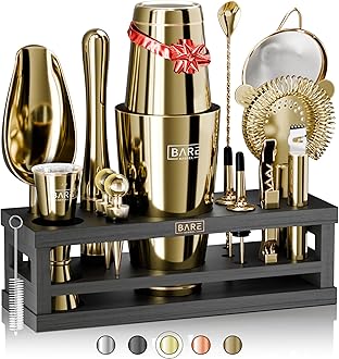 BARE BARREL® Mixology Bartender Kit Bar Set | 16-Piece Cocktail Shaker Set | Martini Barware Mixing Tools for Home Bartending | Incl. 35 Recipe Cards | Gift Set (28oz Boston Shaker, Gold/Black)