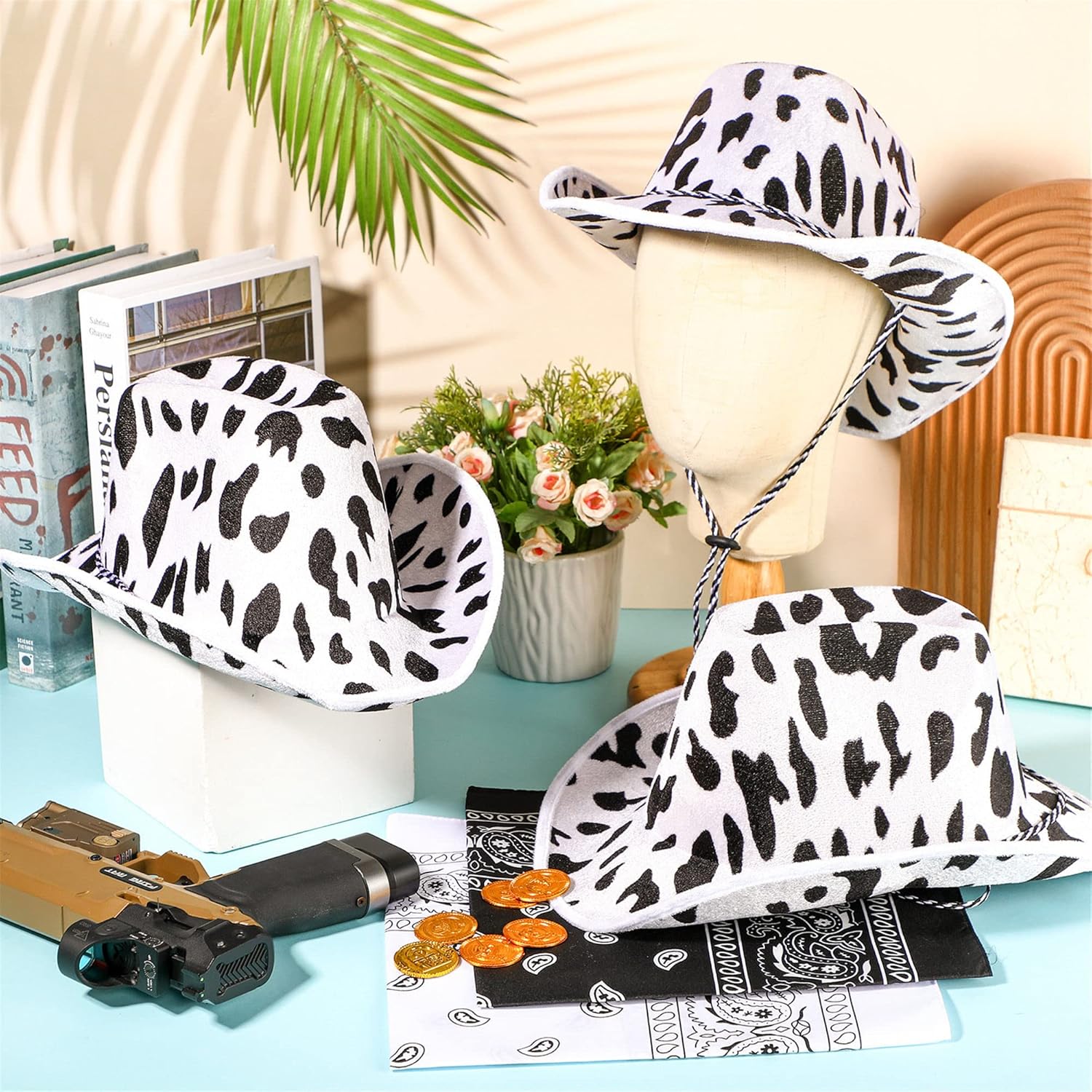 Zhanmai 12 Pieces Cow Print Cowboy Hat and Bandana Set Black and White for Western Parties Bachelorette Parties Country Dances Team Events and Halloween