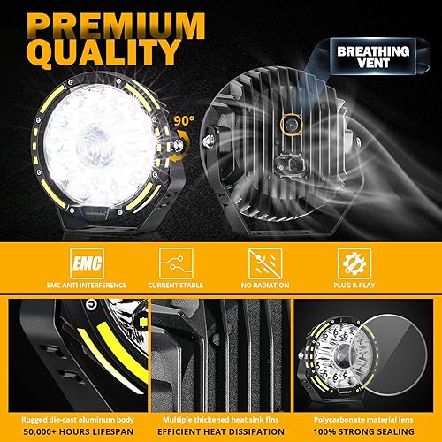 Miniatura 7 de Auxbeam Serie 360-PRO - Luces redondas todoterreno de 7 pulgadas con 2 cubiertas ámbar, paquete de luces de conducción redondas de 230 W, barra de
