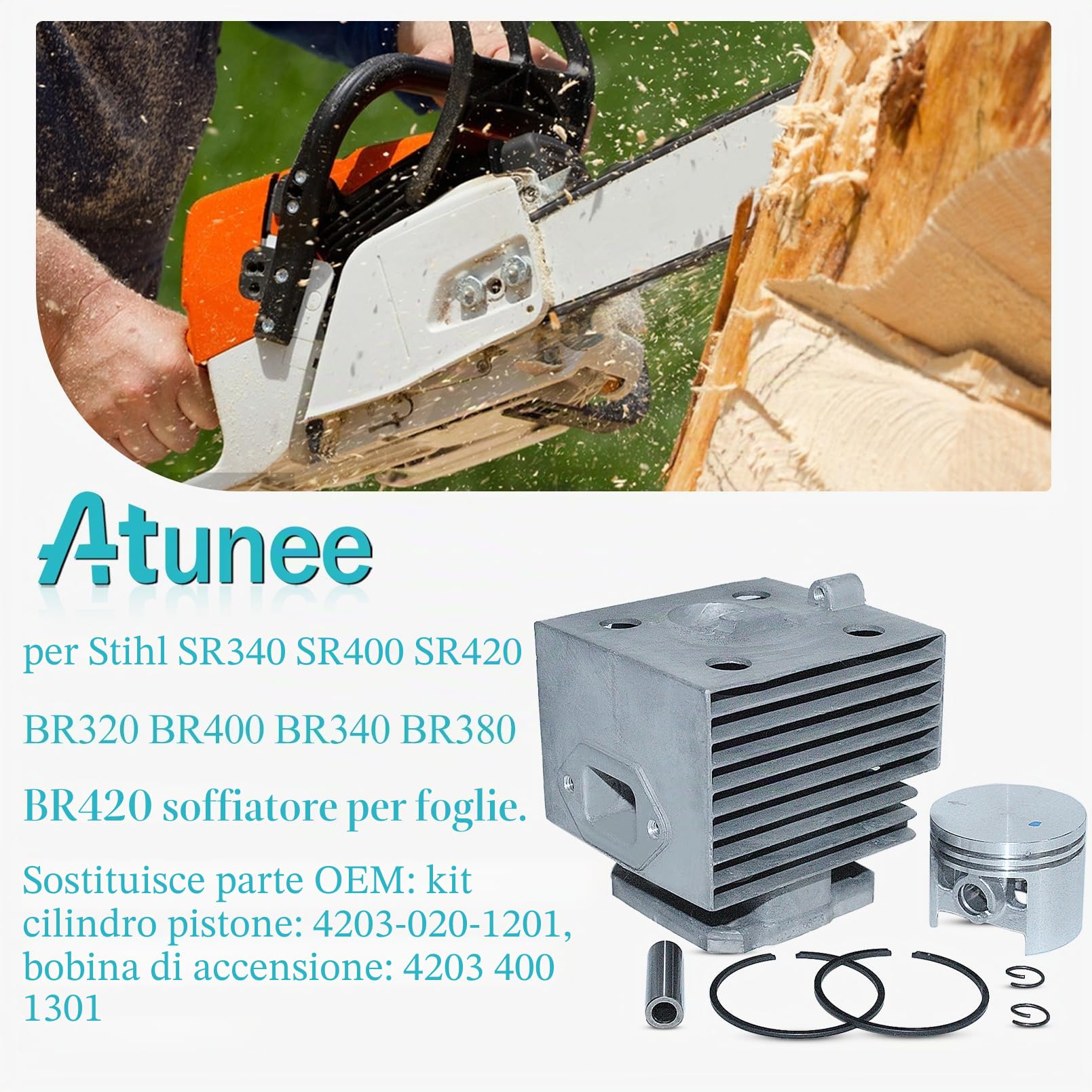 Kit Pistone Cilindro 46MM per Motore Stihl BR420 BR400 SR400 SR420 BR320 BR340 BR380 con Bobina d'Accensione BR420 Silenziatore Scarico Pezzi di Ricambio 4203-020-1201 4203 400 13014203 140