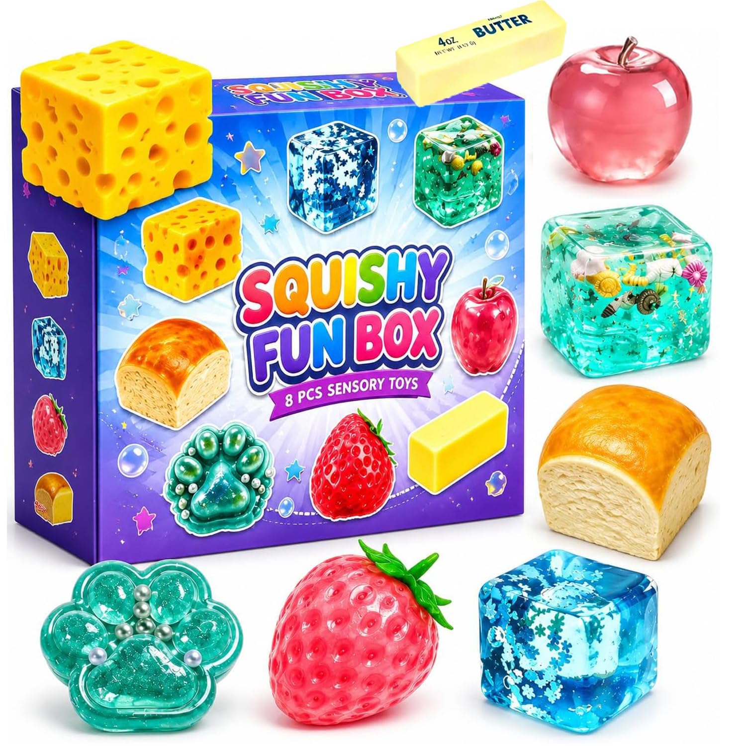 8 Piece Squishy Mystery Fun Box Set, Blind Box Malt Sugar Creative Slow-Return Squishies Pack, Fidget Relief Hand Relax Desk Decor Party Favor Gifts for Adult (#A)