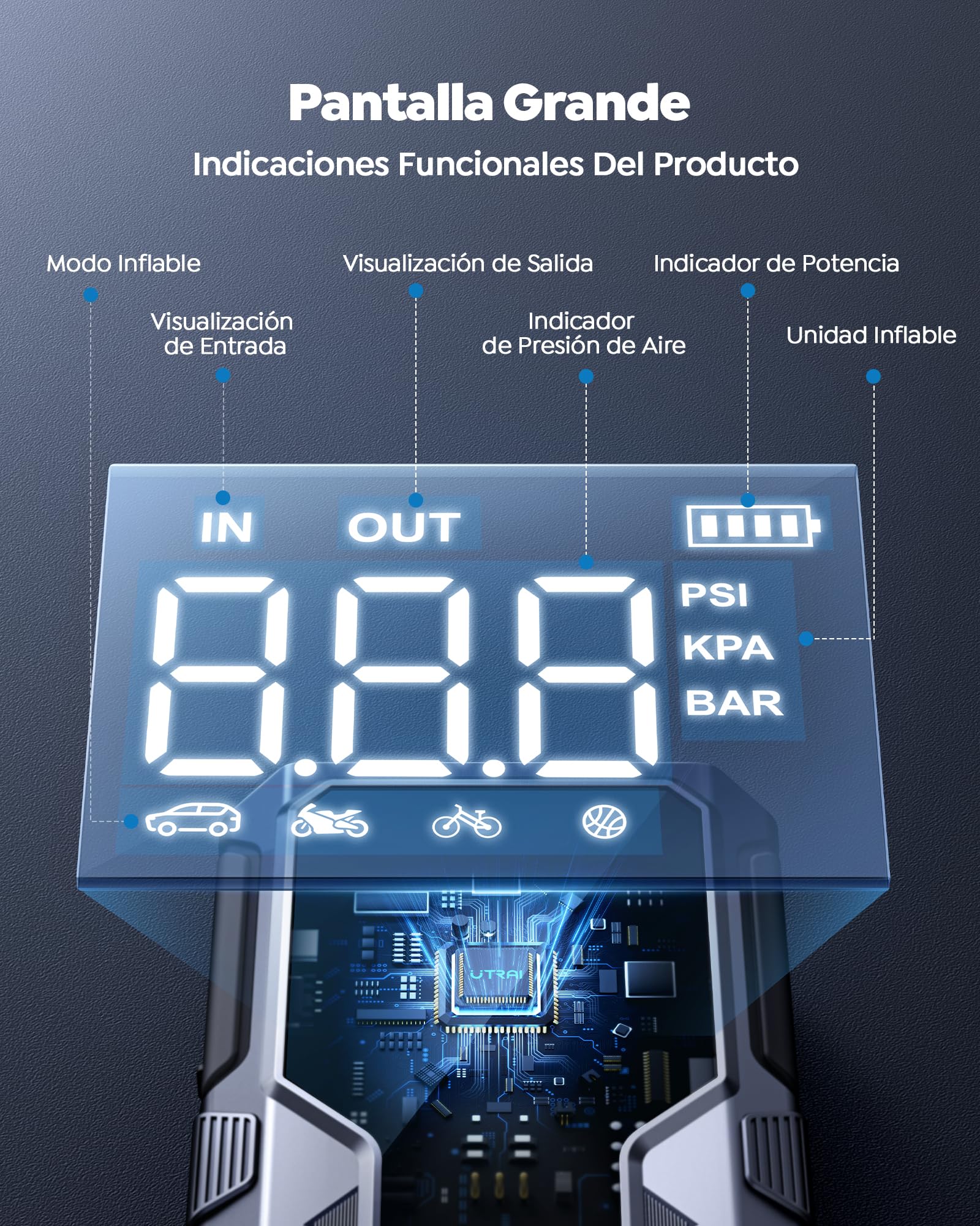 4500A Arrancador de Baterías de Coche con Compresor de Aire,UTRAI 12V Arrancador de Coches(para 9L Gasolina o 7.5L Diesel) Portatil con 18W Carga Rápida,Jump Starter,Linterna LED Salida