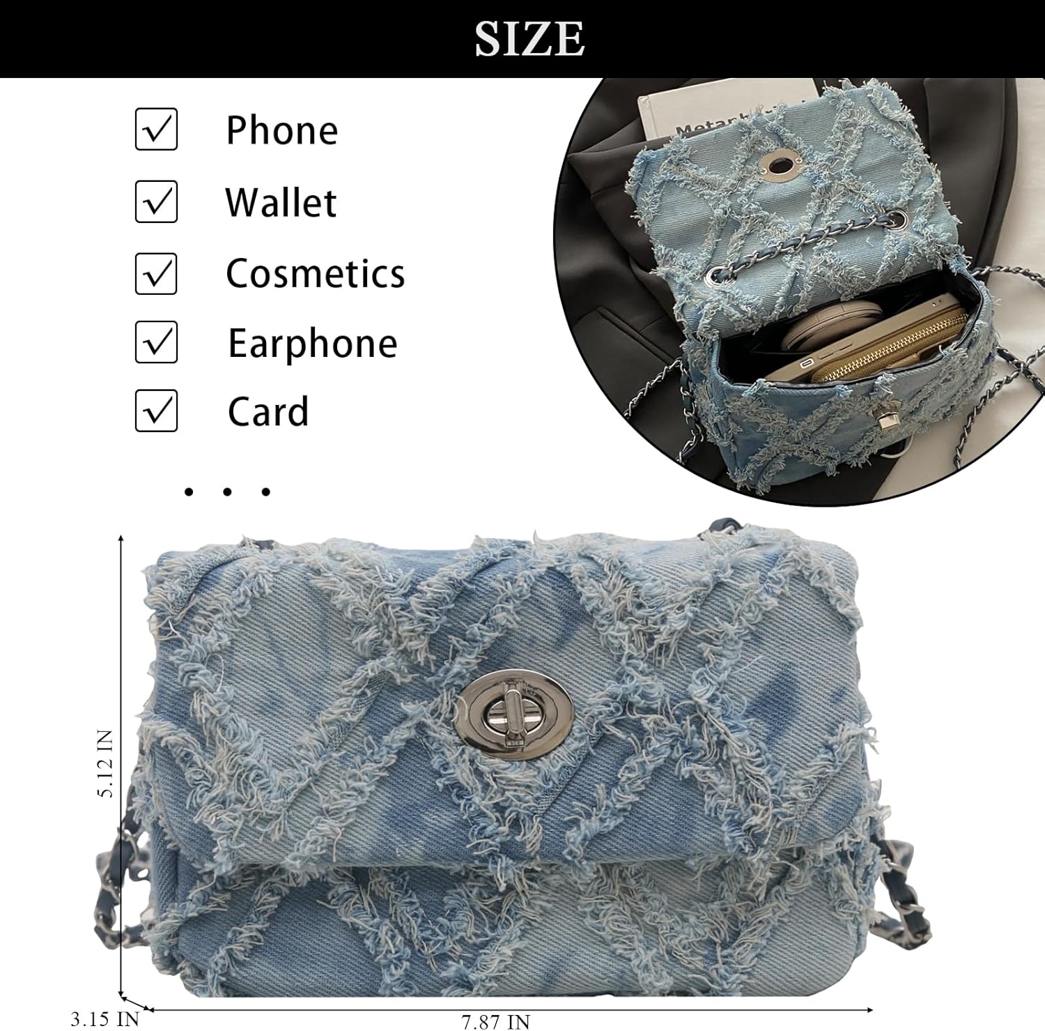 Denim Crossbody Bags for Women Small Quilted Denim Purse Shoulder Handbag Cute Jean Bag - Image 5