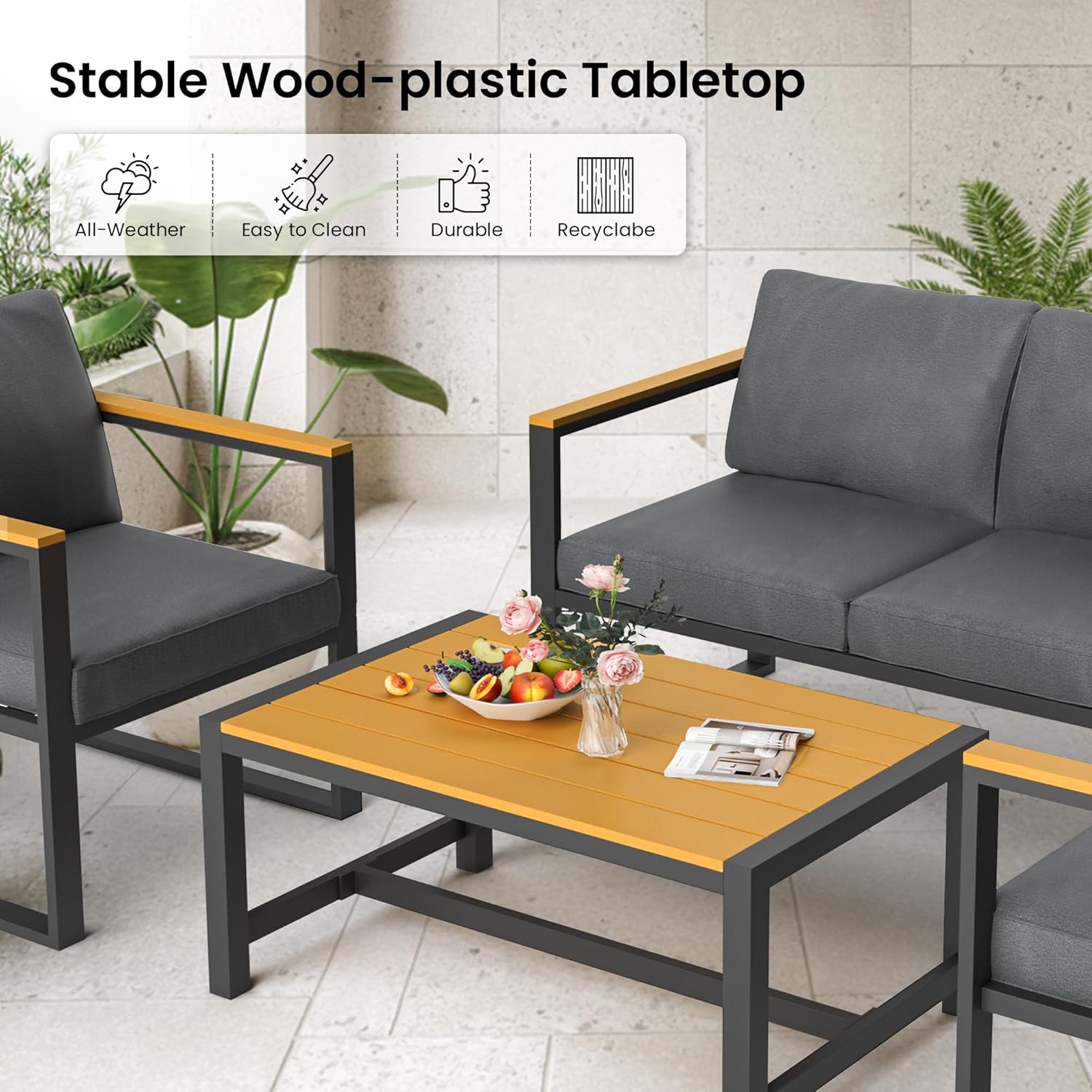 4 Pieces All-Weather Patio Conversation Set, Modern Patio Furniture, Metal Balcony Furniture with Coffee Table, Thick Cushion for Outdoor Porch, Gray